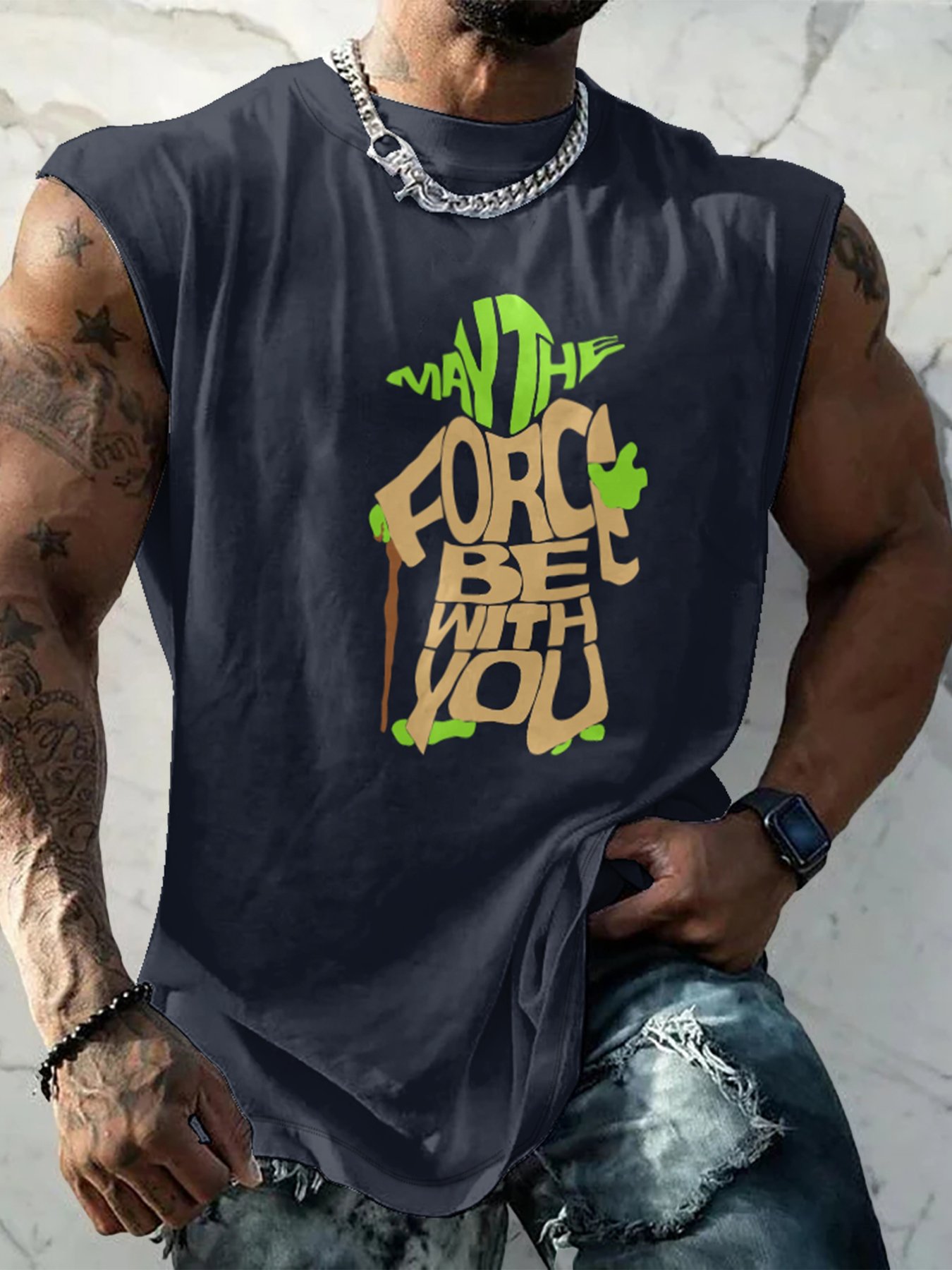 Mens Crewneck Tank Tops May The Force Be With You Beach Sleeveless Shirt