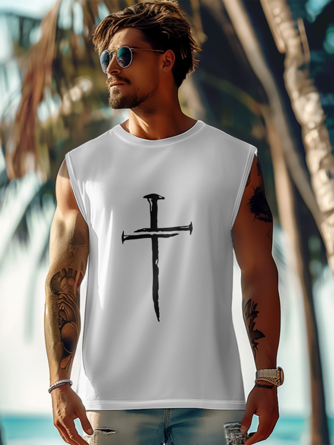 Mens Crewneck Tank Tops Cross Easter Beach Sleeveless Shirt