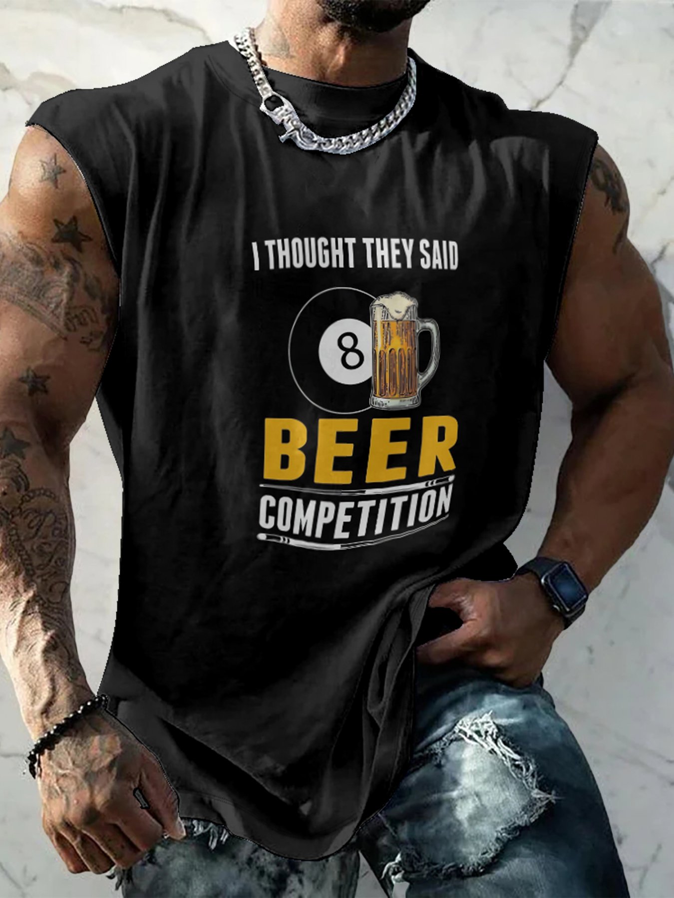 Mens Crewneck Tank Tops Beer Billiards Beach Sleeveless Shirt