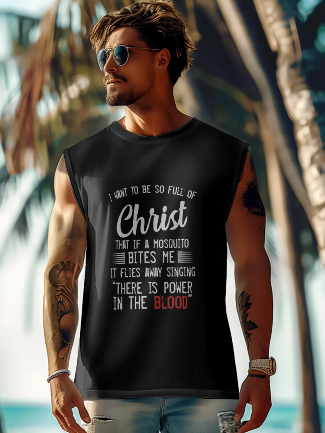 Mens Crewneck Tank Tops Christ Easter Beach Sleeveless Shirt