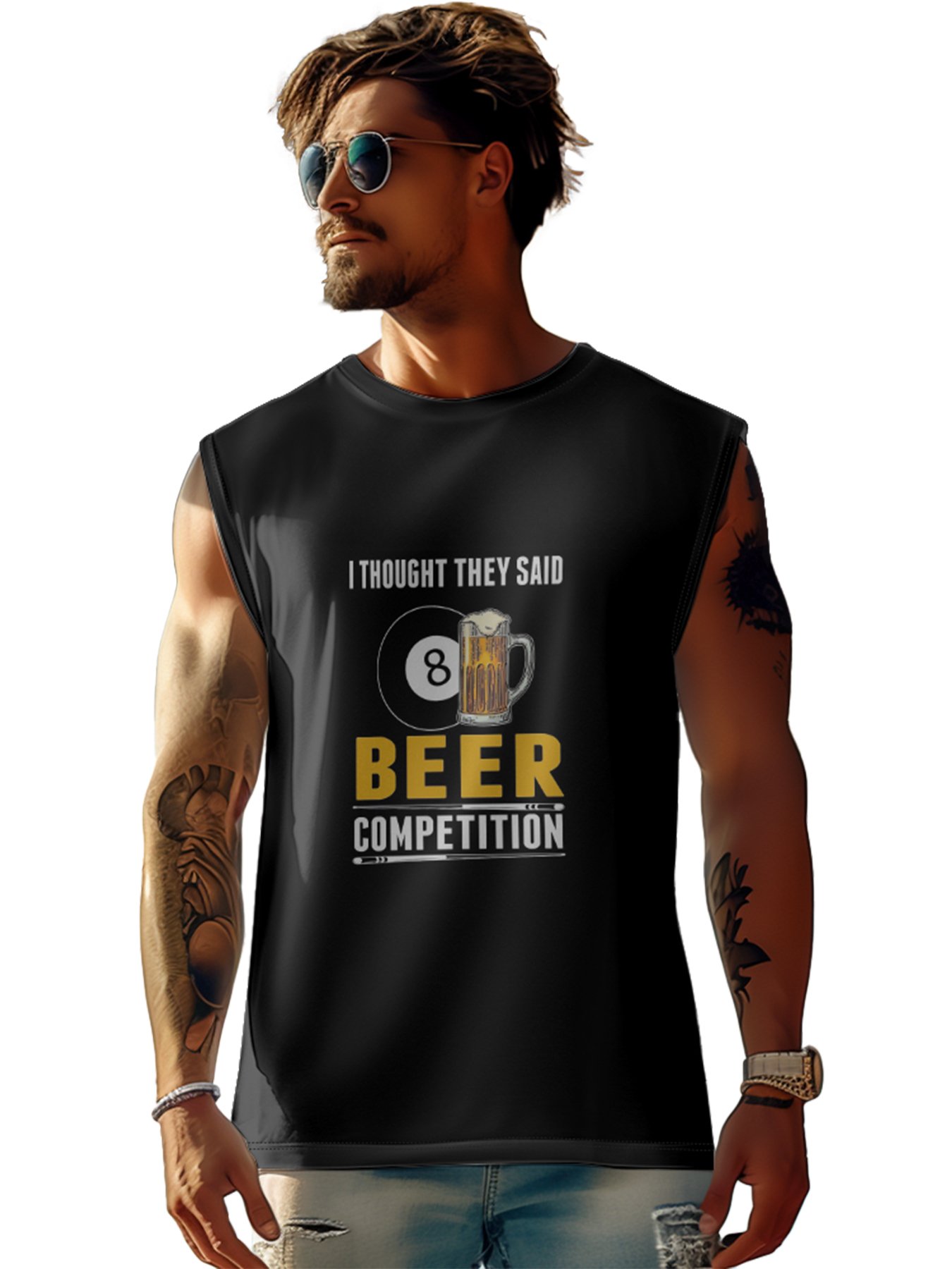 Mens Crewneck Tank Tops Beer Billiards Beach Sleeveless Shirt