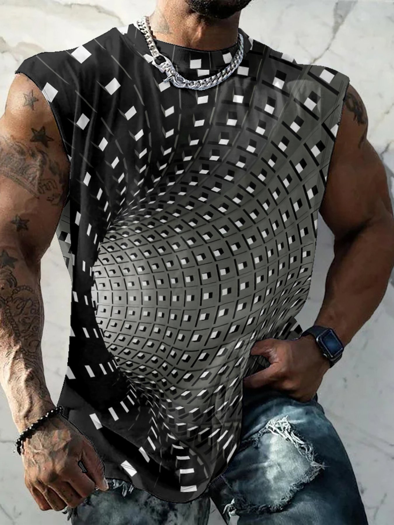 Mens Crewneck Tank Tops 3D Abstract Beach Sleeveless Shirt