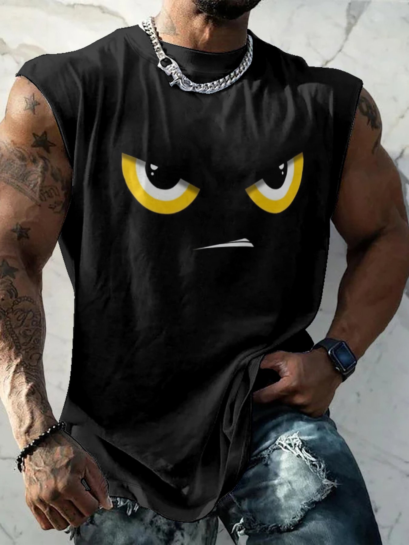 Mens Crewneck Tank Tops Little Devil Expression Beach Sleeveless Shirt