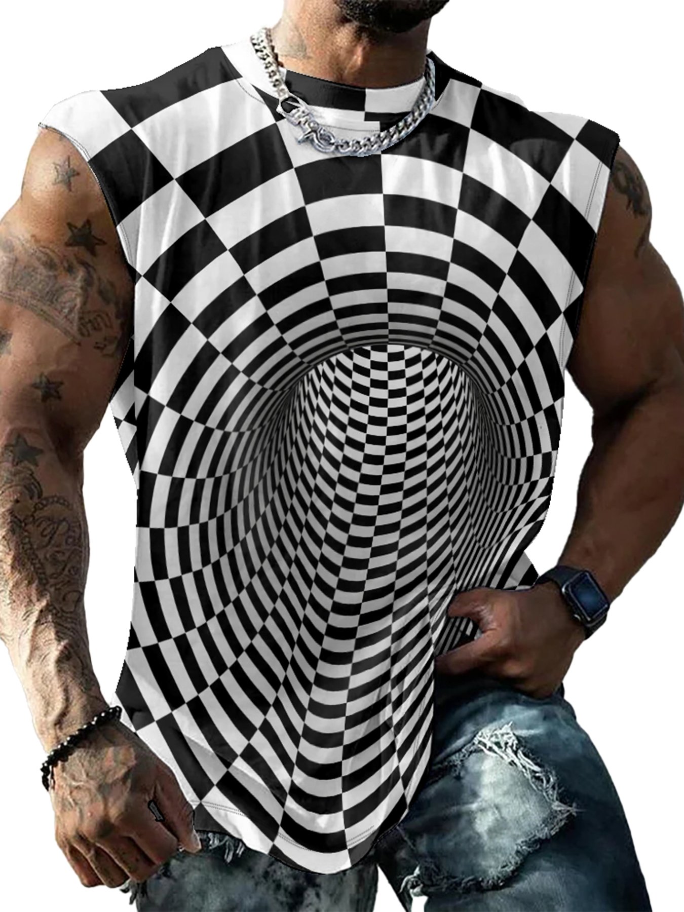 Mens Crewneck Tank Tops Cross 3D Abstract Grid Beach Sleeveless Shirt