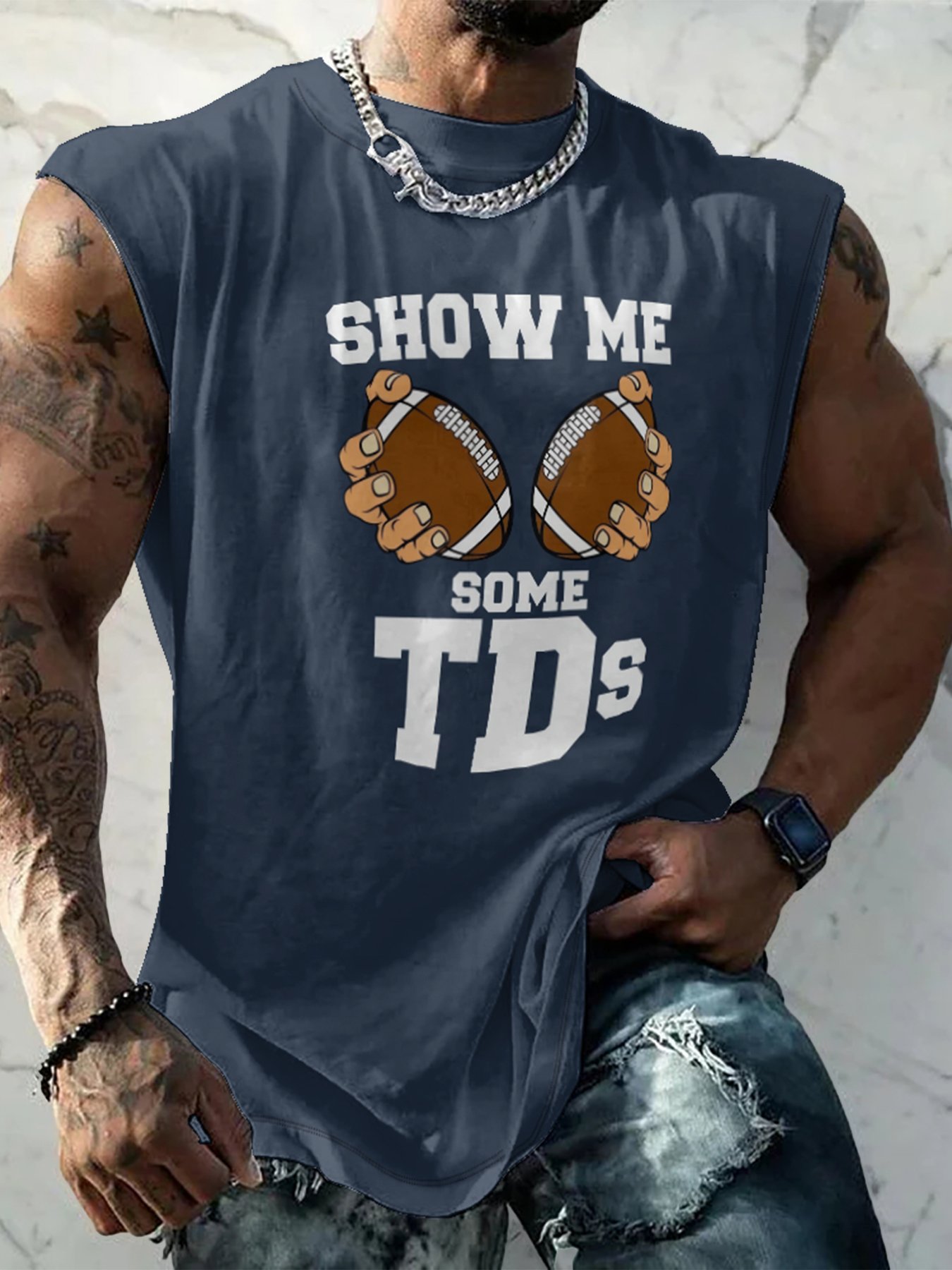 Mens Crewneck Tank Tops American Football Show Me Some TDs Beach Sleeveless Shirt