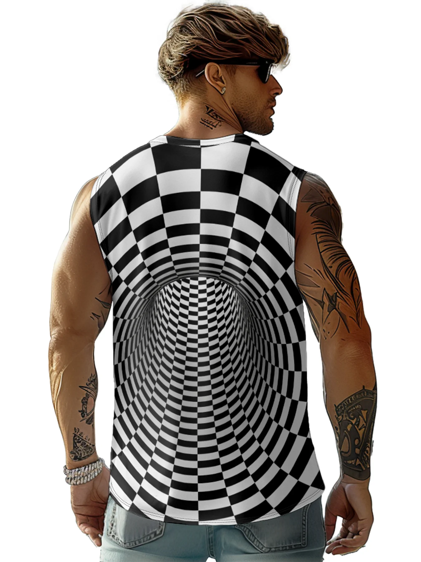 Mens Crewneck Tank Tops Cross 3D Abstract Grid Beach Sleeveless Shirt