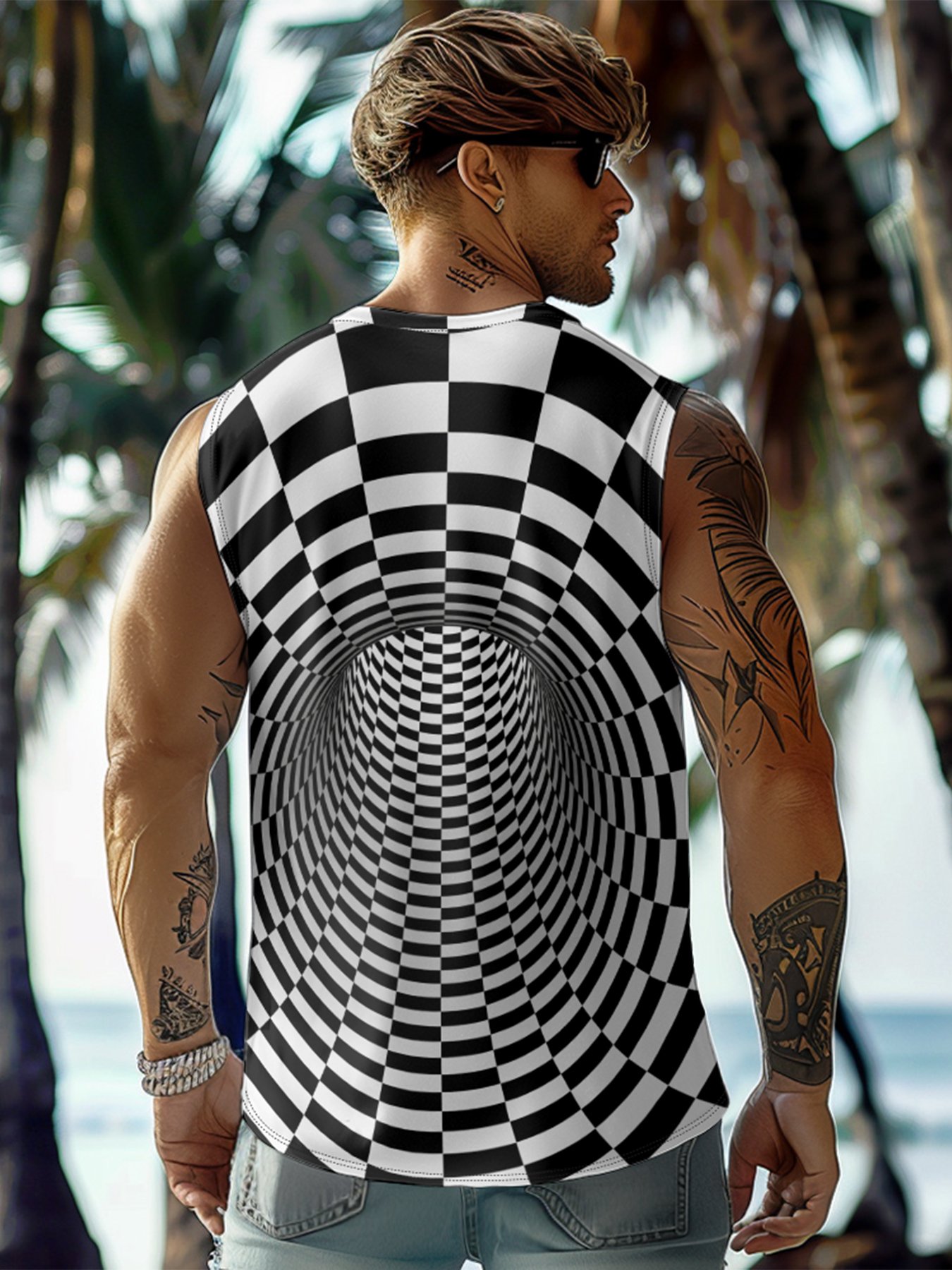 Mens Crewneck Tank Tops Cross 3D Abstract Grid Beach Sleeveless Shirt