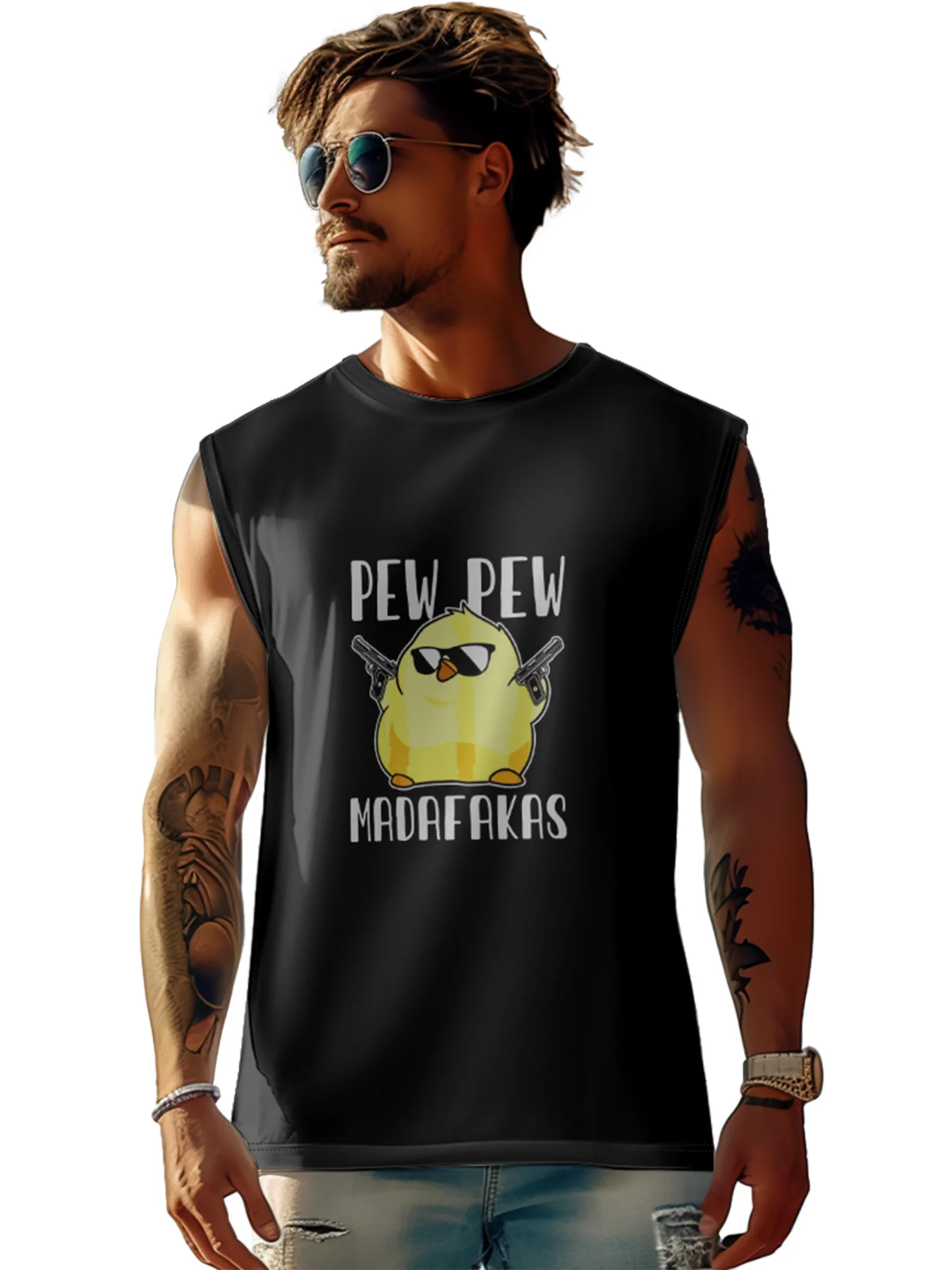 Mens Crewneck Tank Tops Pew Pew Chicken MADAFAKAS Beach Sleeveless Shirt