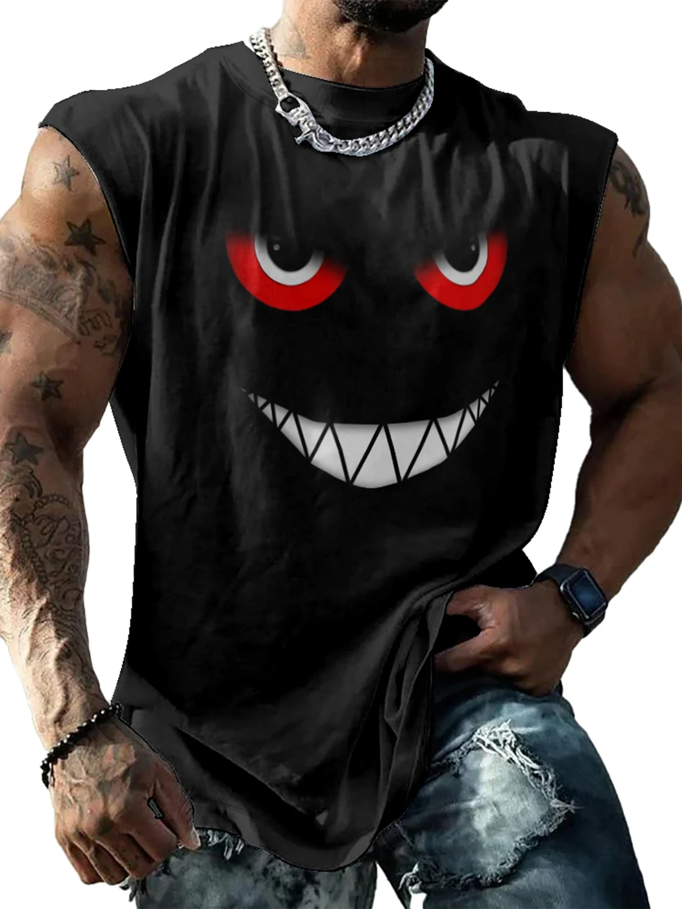 Mens Crewneck Tank Tops Evil smile Face Beach Sleeveless Shirt