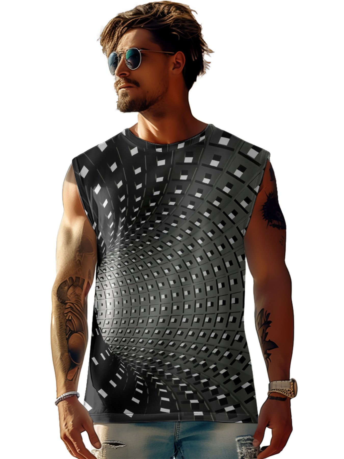 Mens Crewneck Tank Tops 3D Abstract Beach Sleeveless Shirt