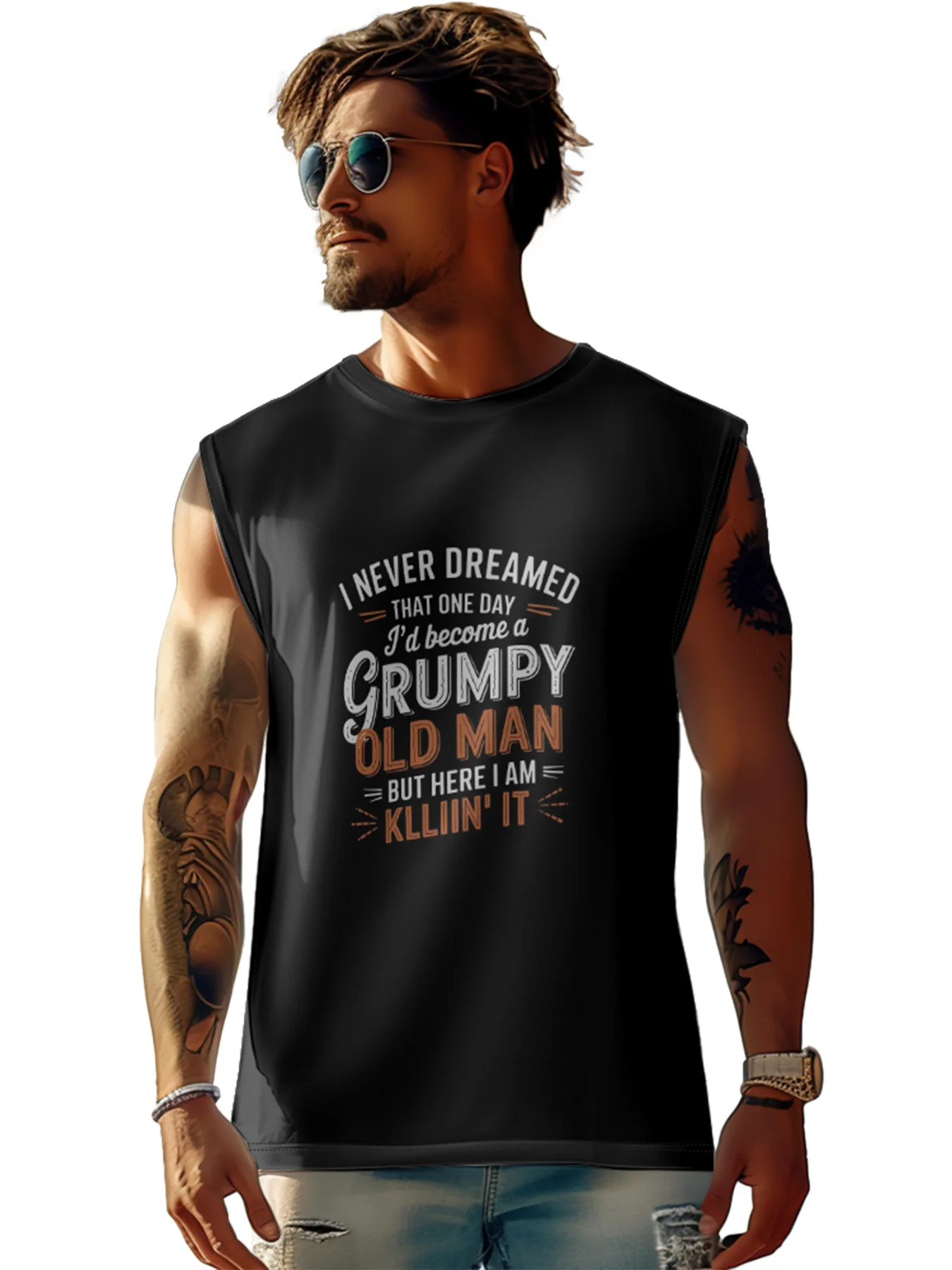 Mens Crewneck Tank Tops Grumpy Old Man Beach Sleeveless Shirt