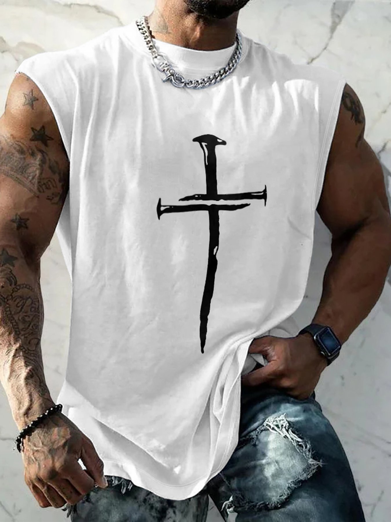 Mens Crewneck Tank Tops Cross Easter Beach Sleeveless Shirt