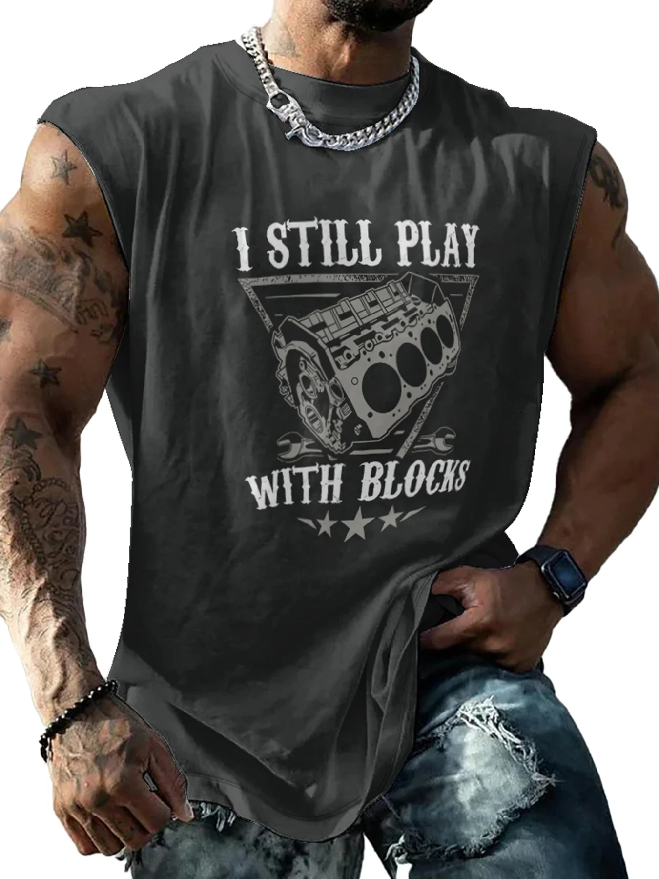 Mens Crewneck Tank Tops I Still Play With Blocks Beach Sleeveless Shirt