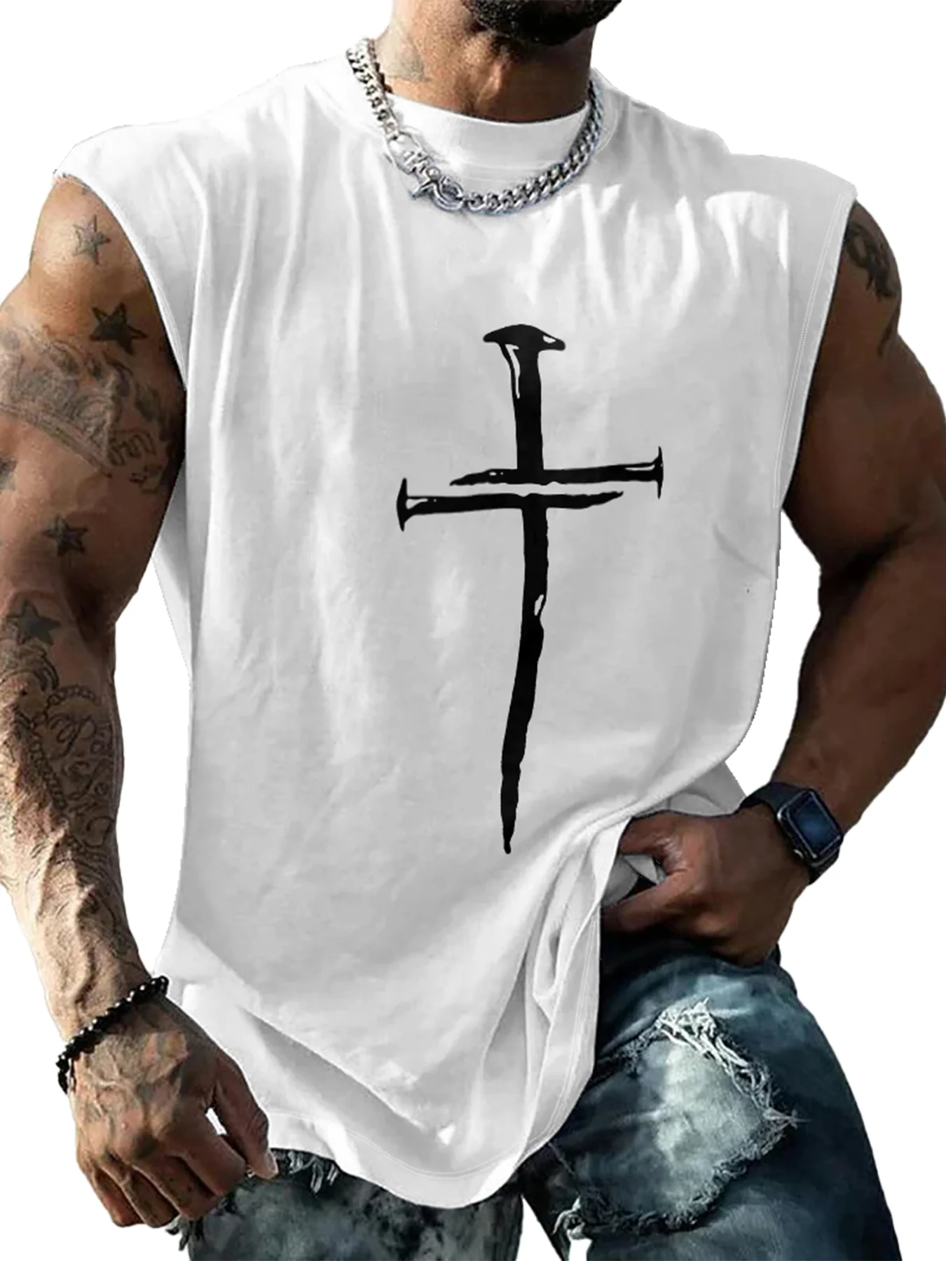 Mens Crewneck Tank Tops Cross Easter Beach Sleeveless Shirt