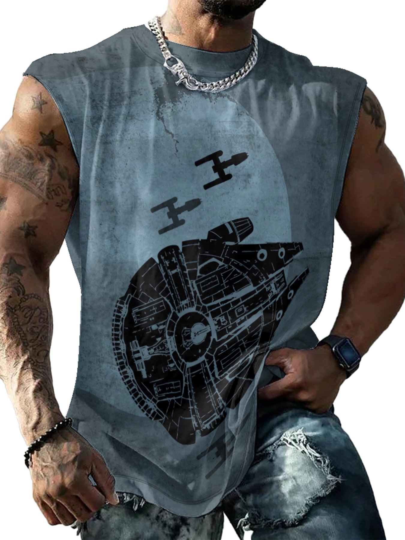 Mens Crewneck Tank Tops Star Plane Beach Sleeveless Shirt