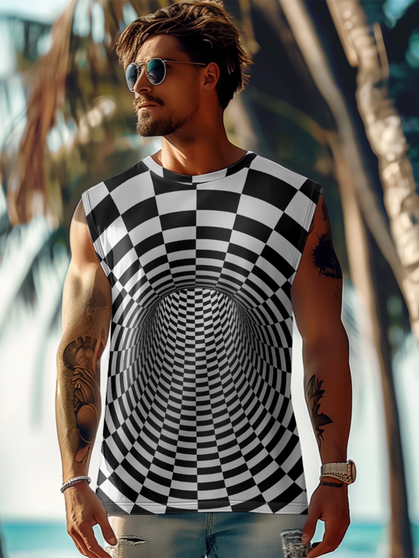 Mens Crewneck Tank Tops Cross 3D Abstract Grid Beach Sleeveless Shirt