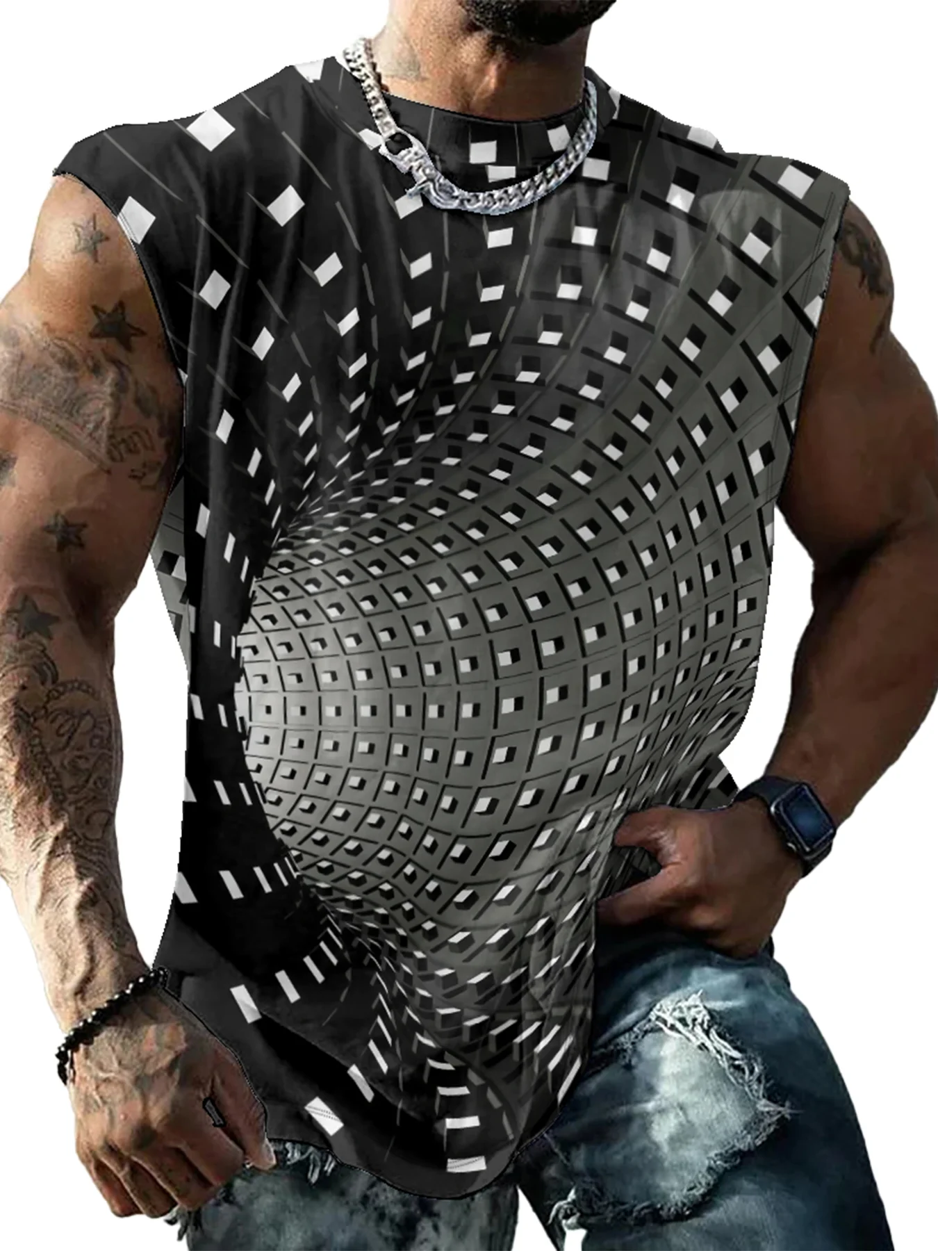 Mens Crewneck Tank Tops 3D Abstract Beach Sleeveless Shirt