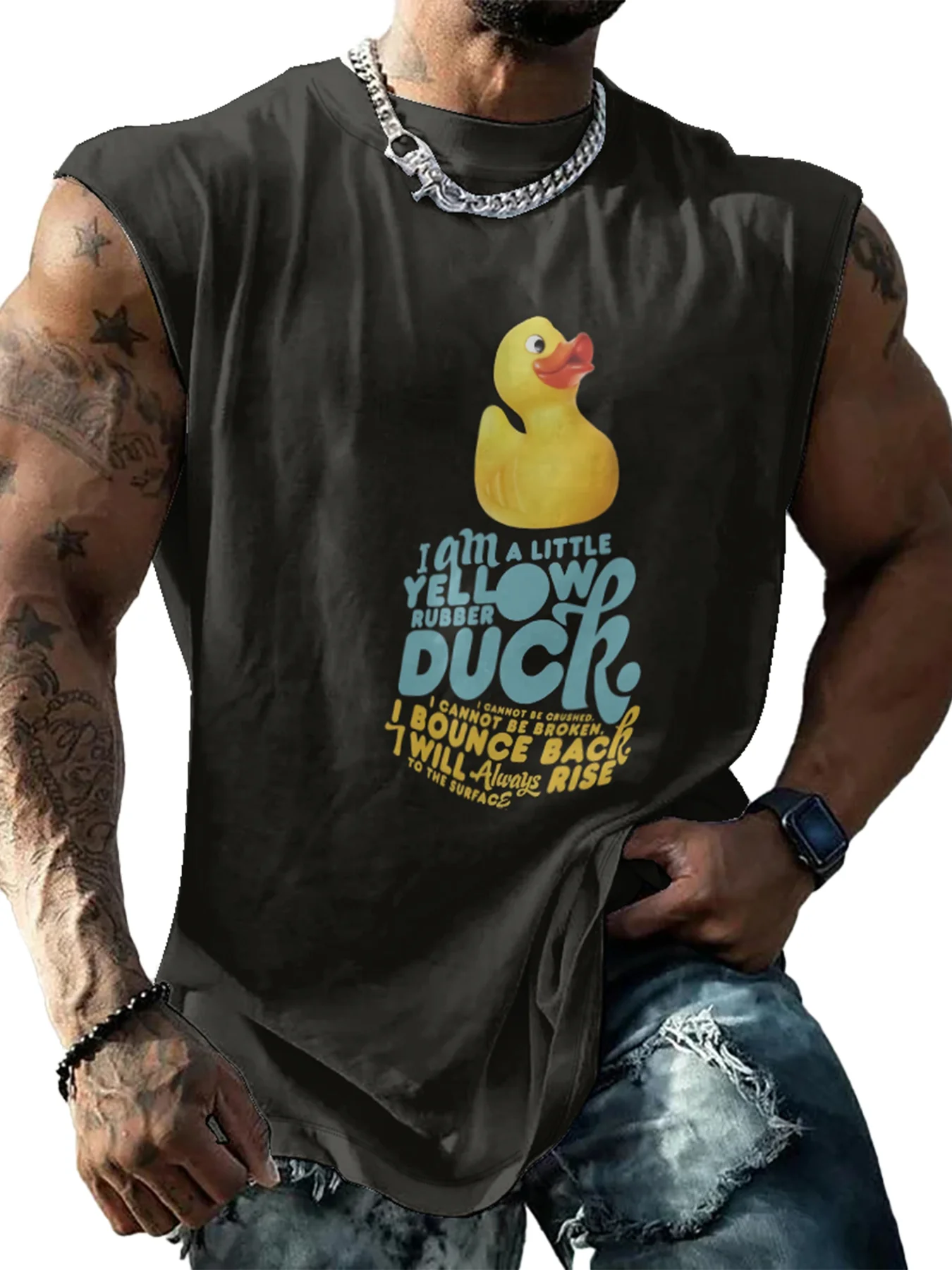 Mens Crewneck Tank Tops Yellow Duck Beach Sleeveless Shirt