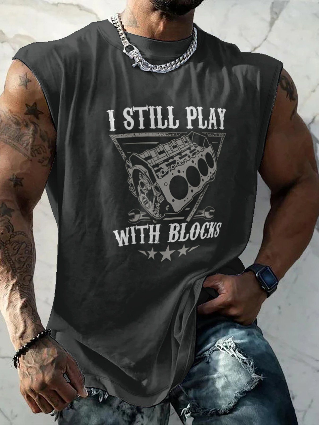 Mens Crewneck Tank Tops I Still Play With Blocks Beach Sleeveless Shirt