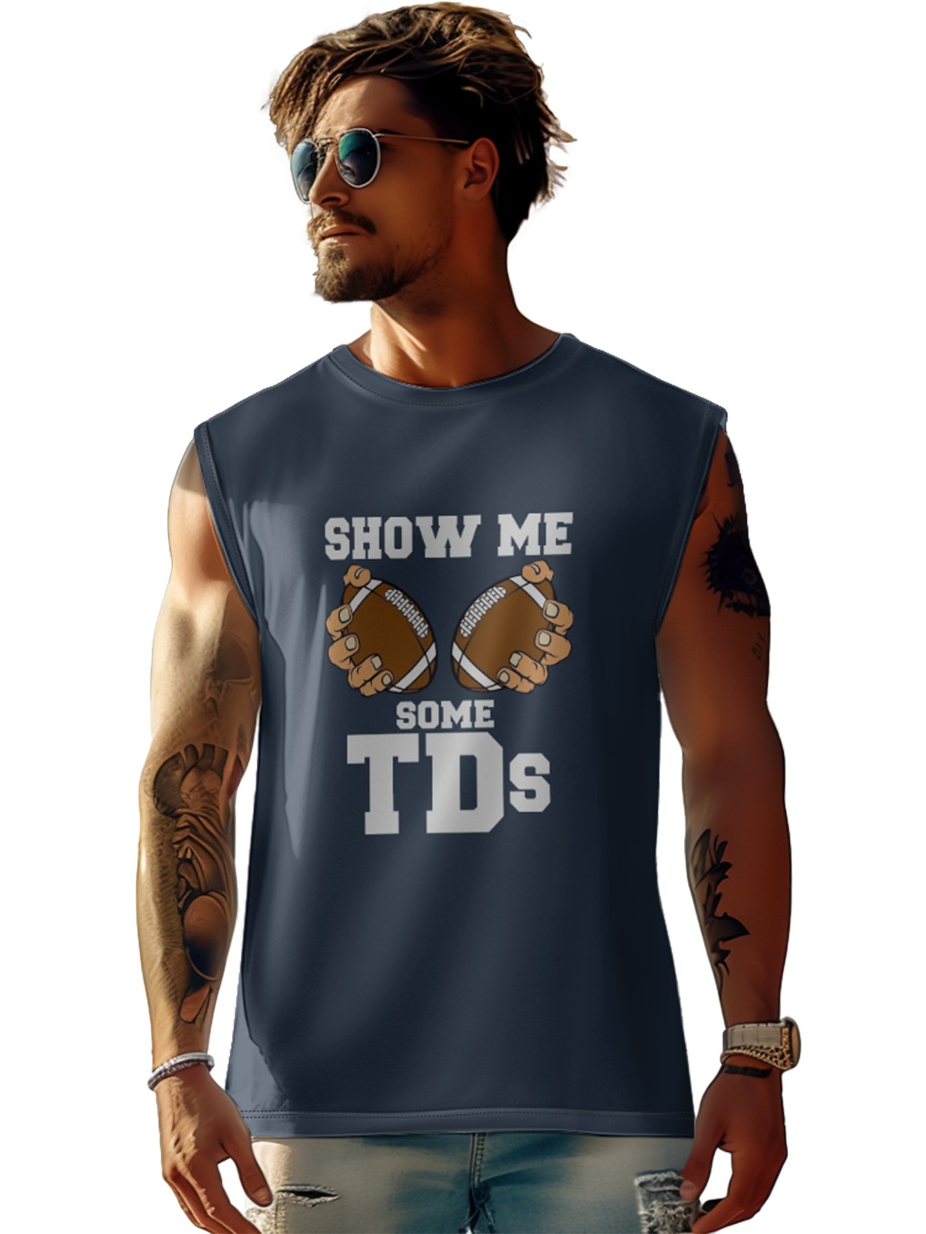 Mens Crewneck Tank Tops American Football Show Me Some TDs Beach Sleeveless Shirt