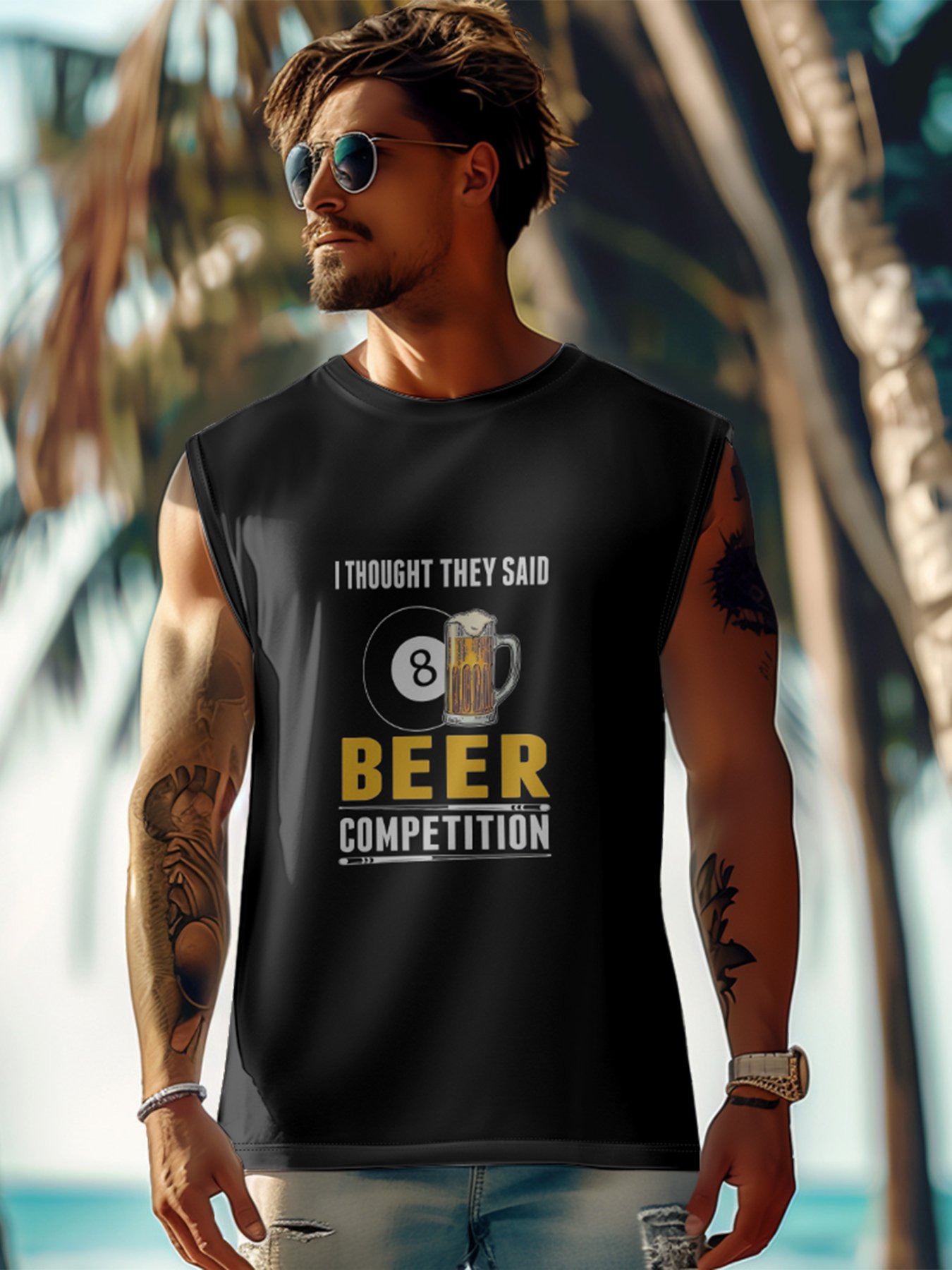 Mens Crewneck Tank Tops Beer Billiards Beach Sleeveless Shirt