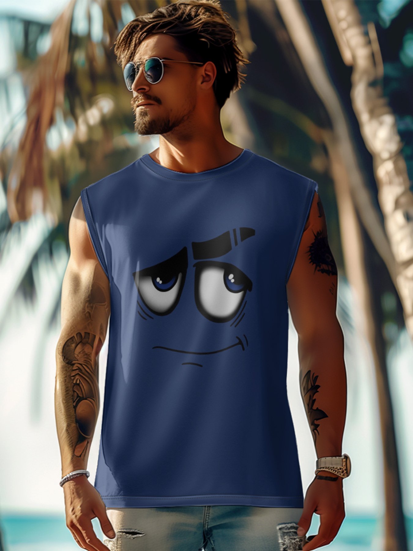 Mens Crewneck Tank Tops Emoticons Beach Sleeveless Shirt