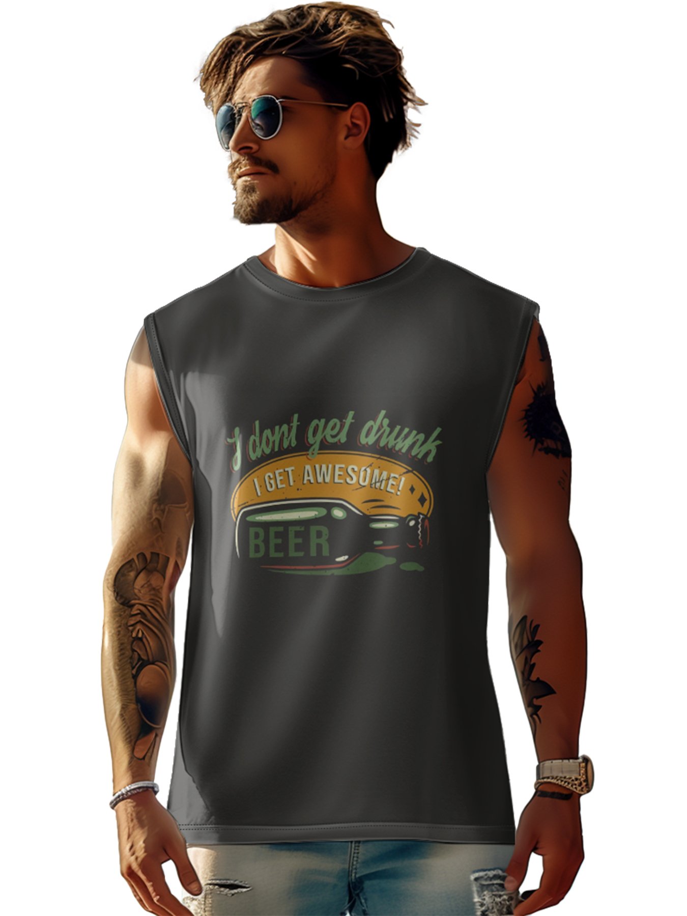 Mens Crewneck Tank Tops Beer Beach Sleeveless Shirt