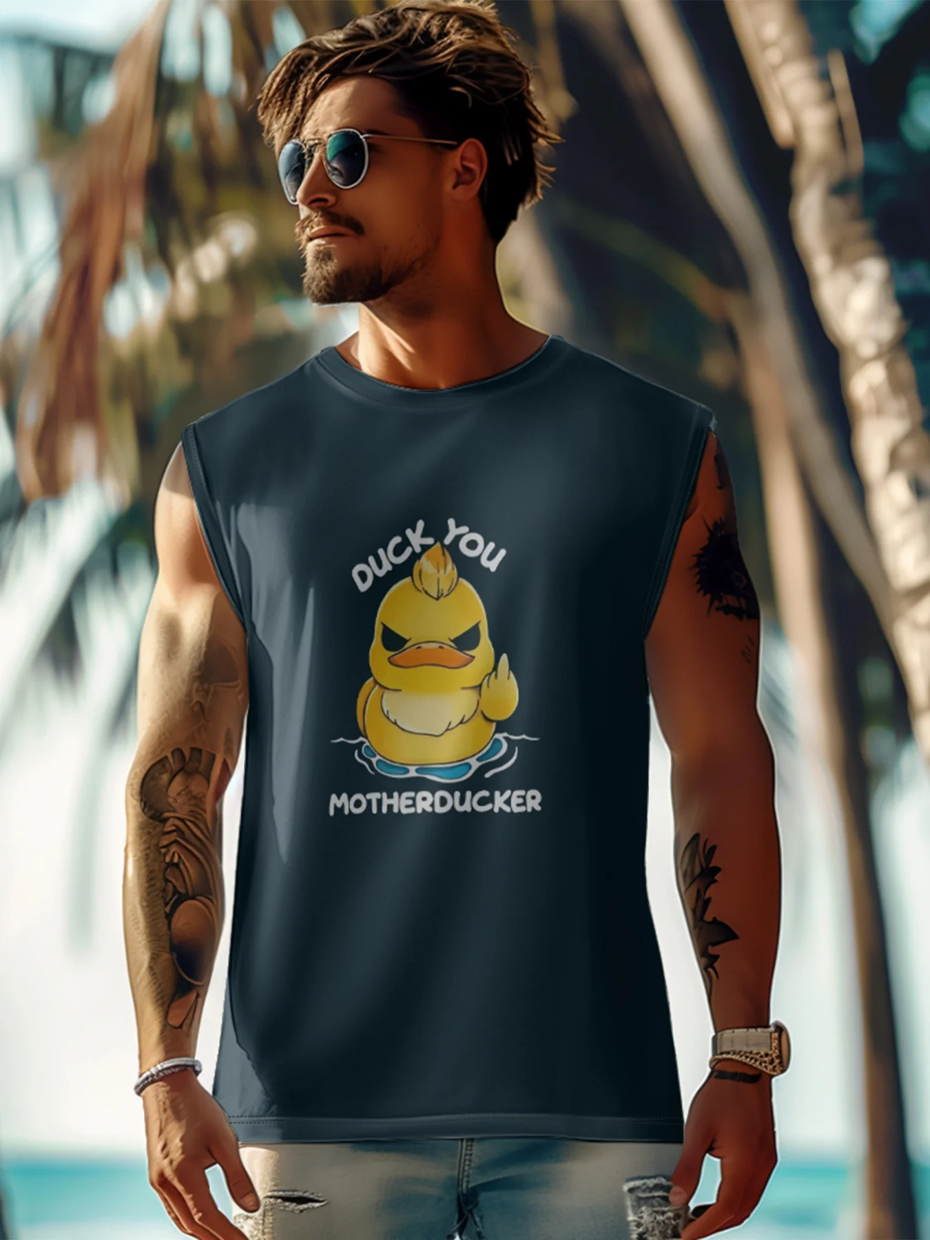 Mens Crewneck Tank Tops Duck You Motherducker Beach Sleeveless Shirt