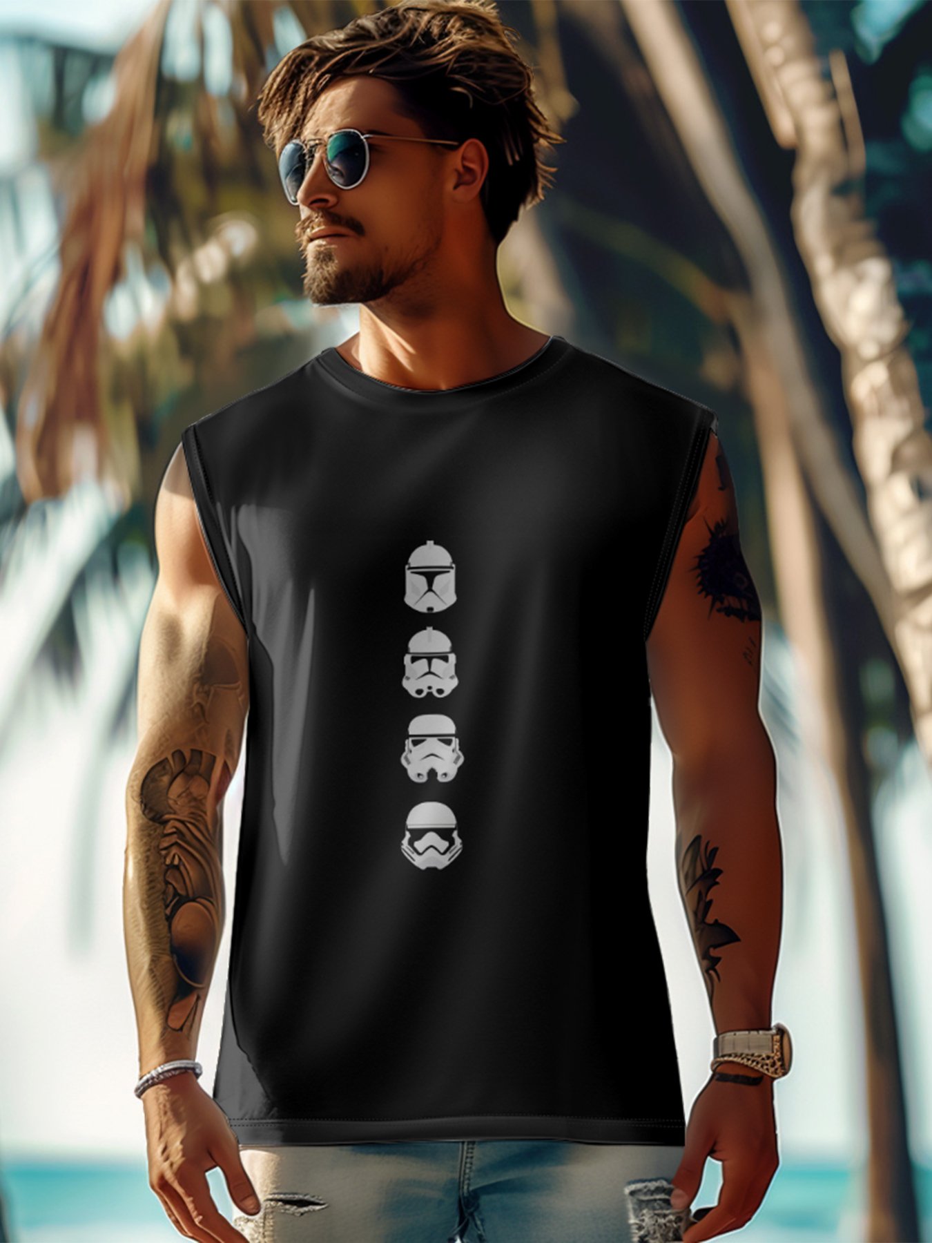 Mens Crewneck Tank Tops Star Plane Beach Sleeveless Shirt