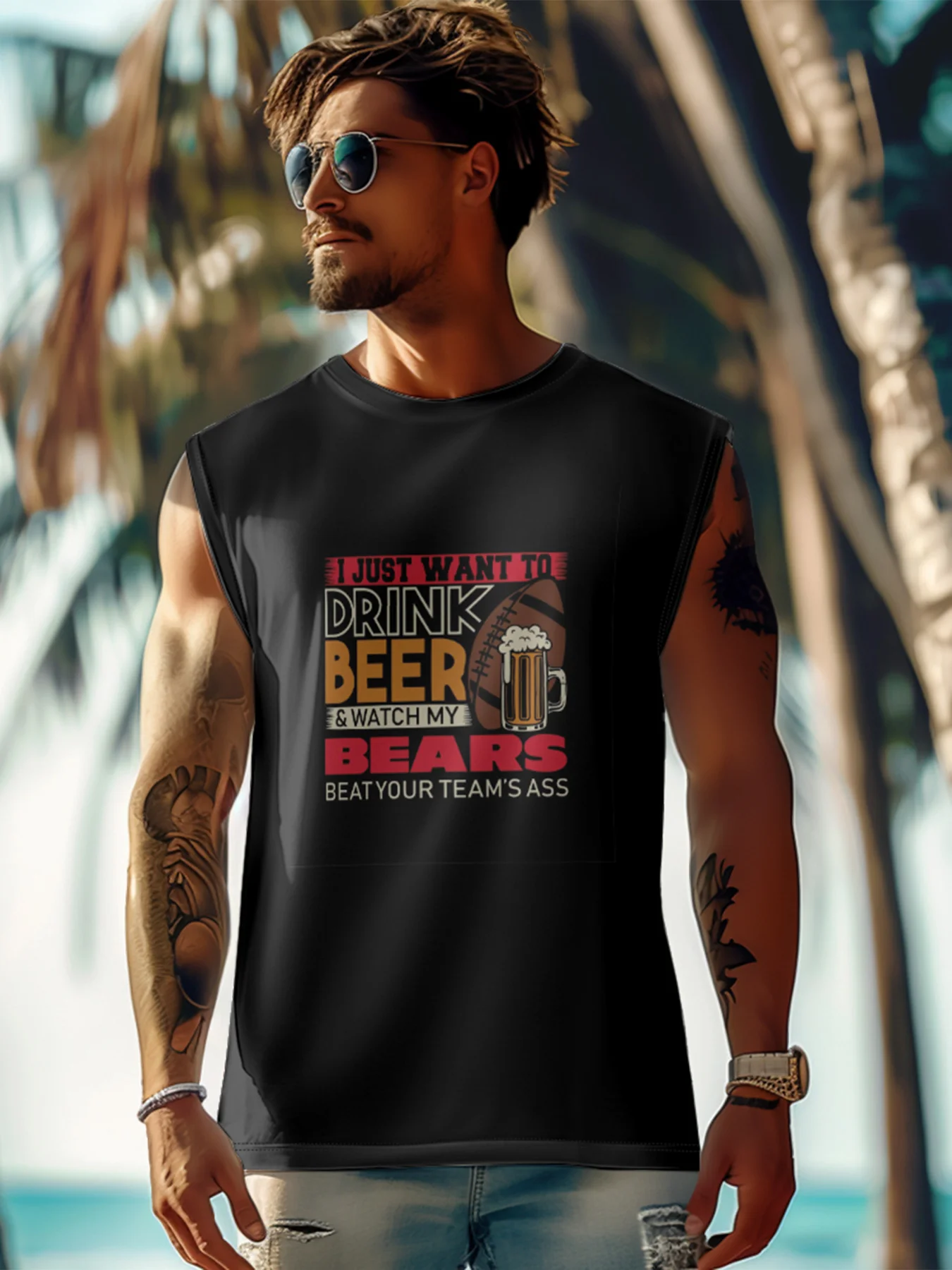 Mens Crewneck Tank Tops American Football Beer Beach Sleeveless Shirt