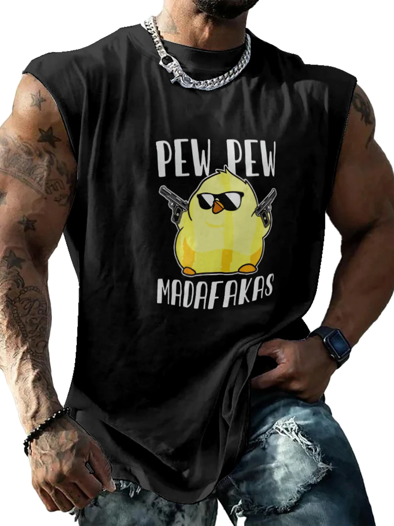 Mens Crewneck Tank Tops Pew Pew Chicken MADAFAKAS Beach Sleeveless Shirt