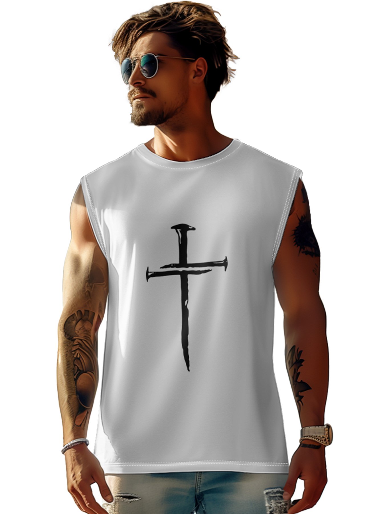 Mens Crewneck Tank Tops Cross Easter Beach Sleeveless Shirt