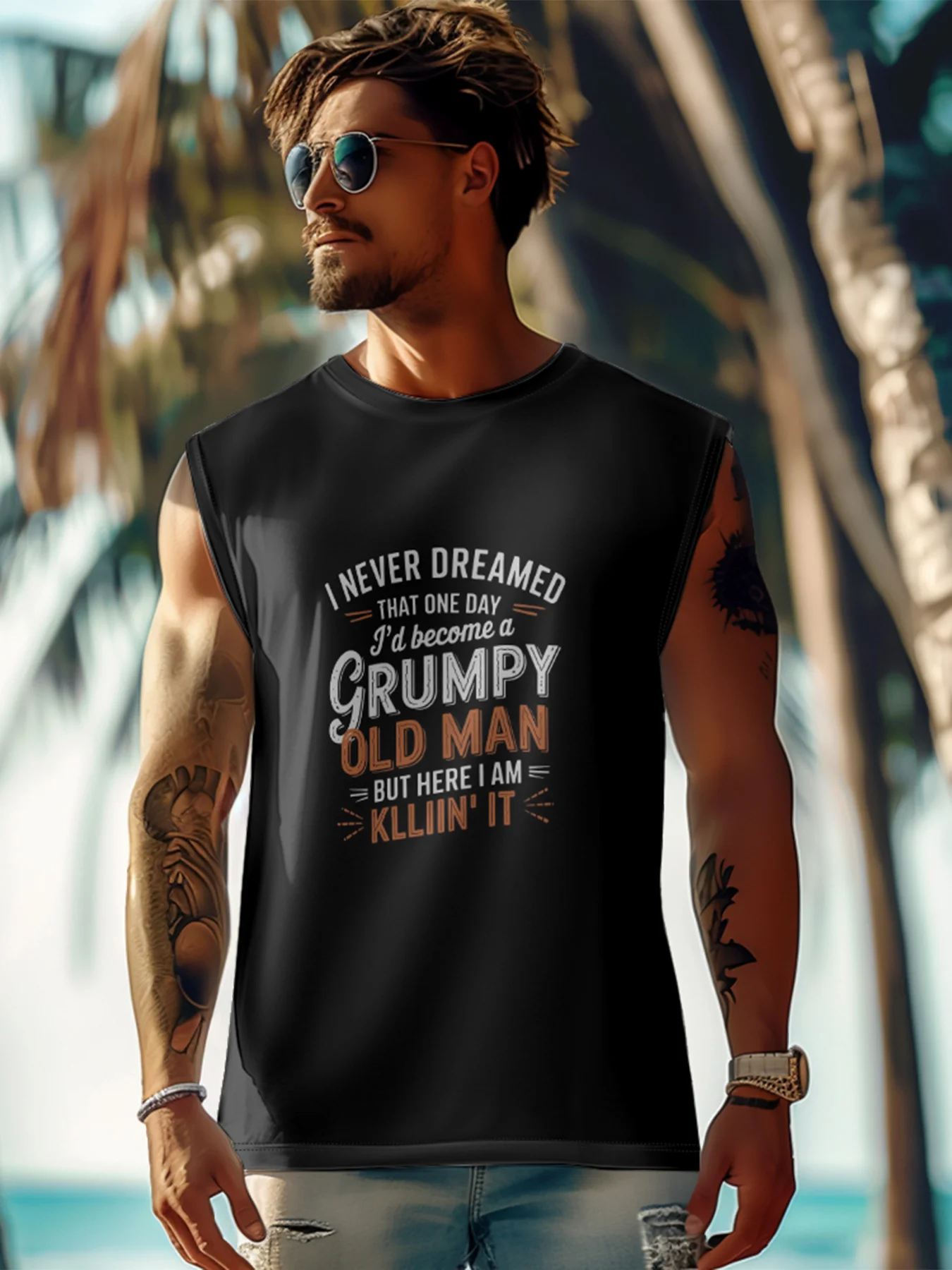 Mens Crewneck Tank Tops Grumpy Old Man Beach Sleeveless Shirt