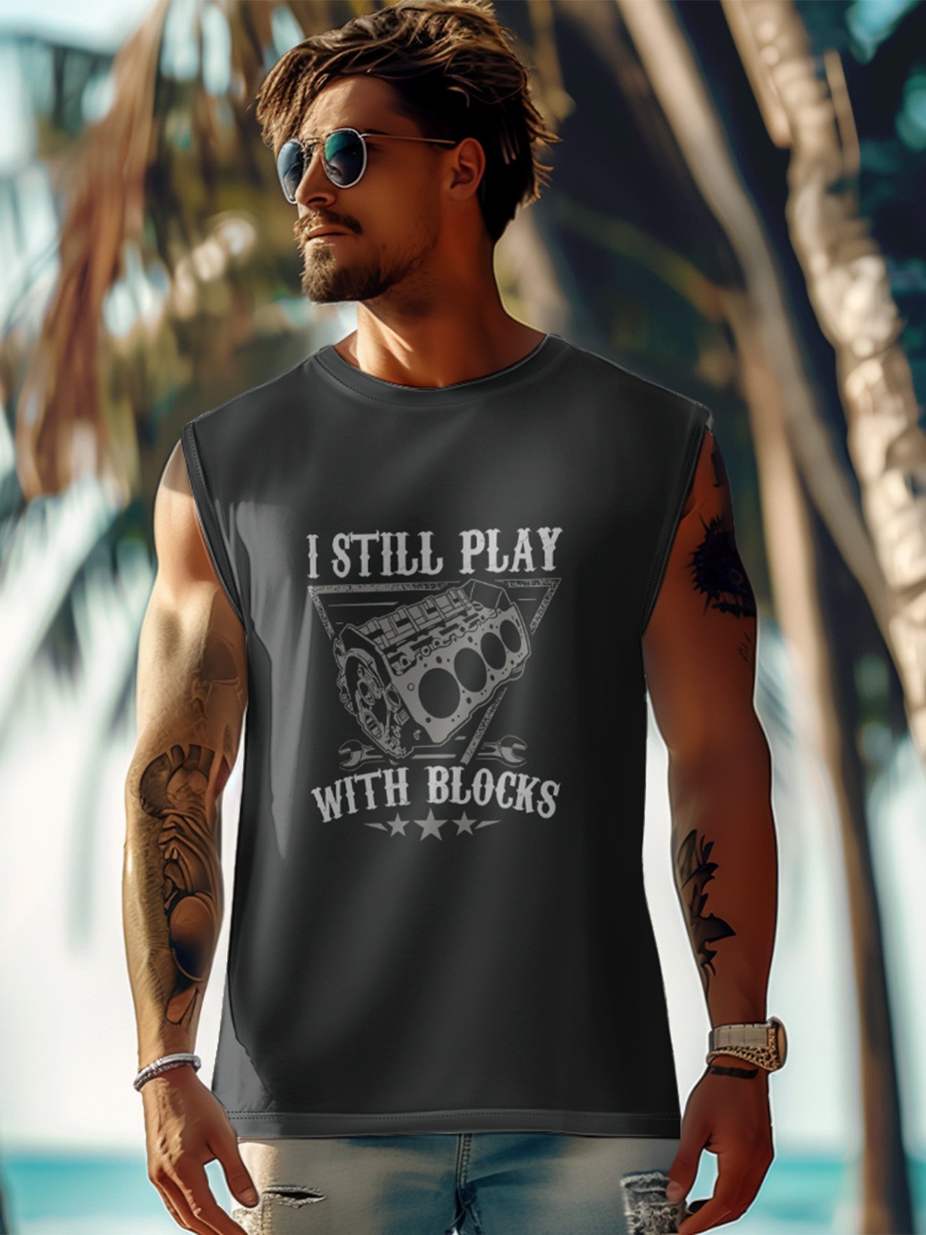 Mens Crewneck Tank Tops I Still Play With Blocks Beach Sleeveless Shirt