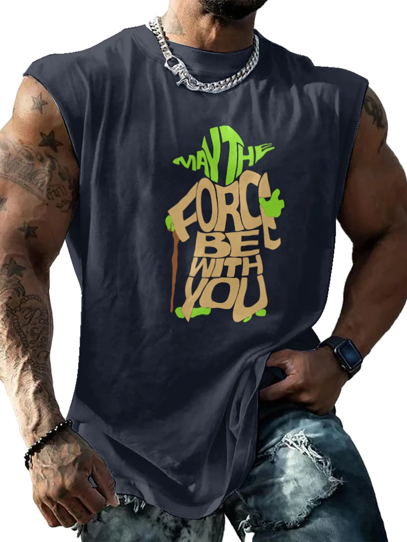 Mens Crewneck Tank Tops May The Force Be With You Beach Sleeveless Shirt