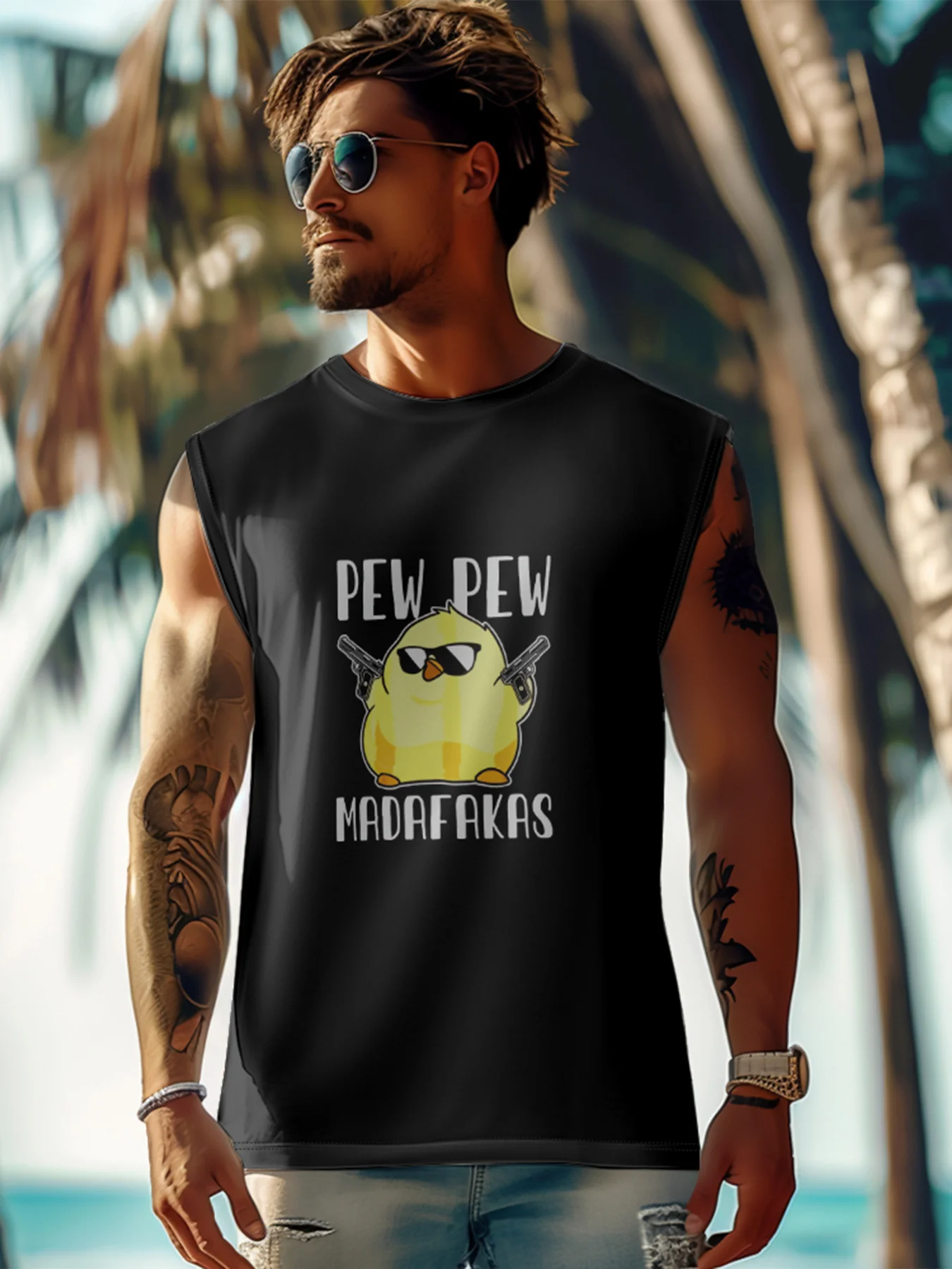 Mens Crewneck Tank Tops Pew Pew Chicken MADAFAKAS Beach Sleeveless Shirt