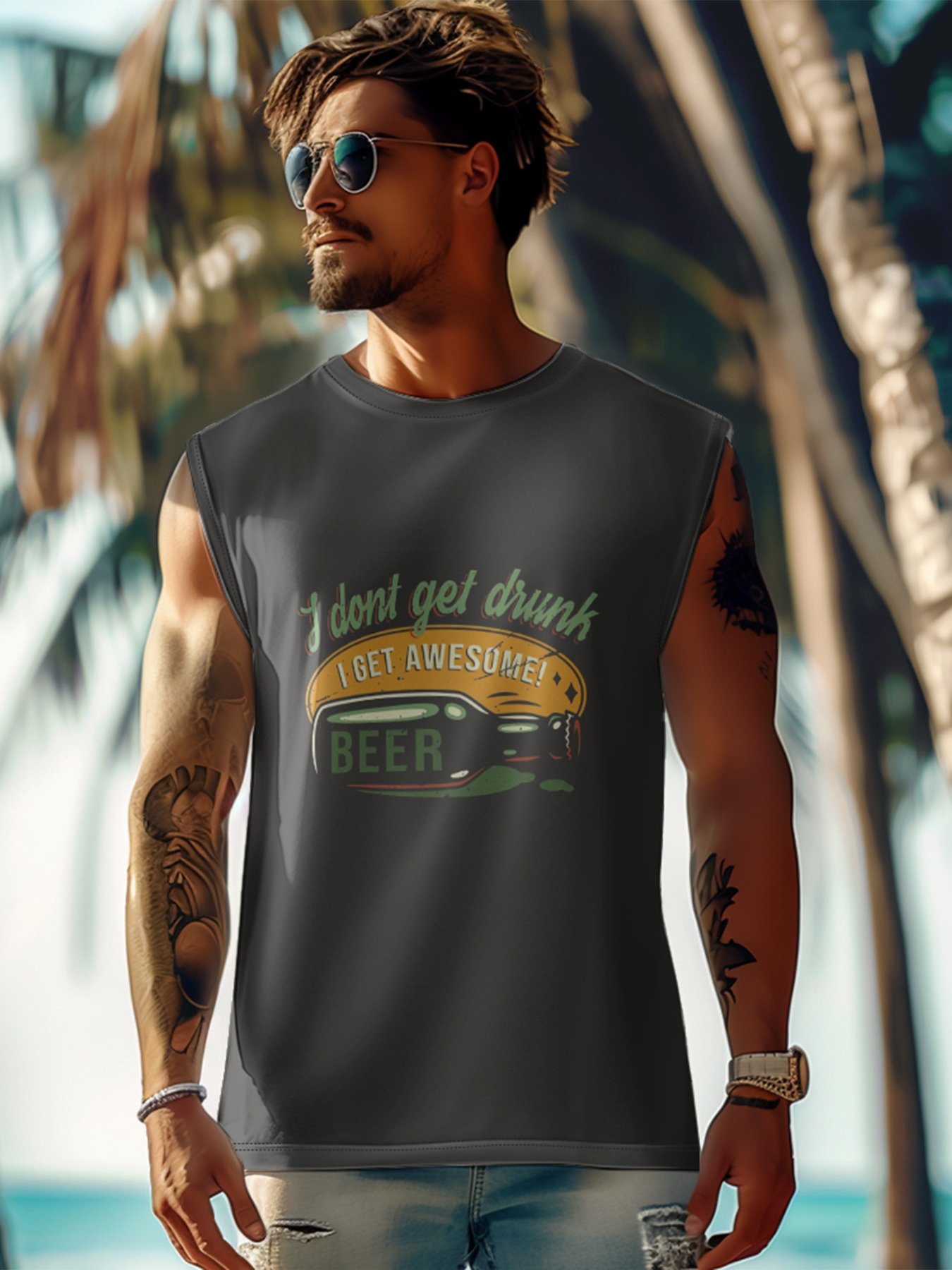 Mens Crewneck Tank Tops Beer Beach Sleeveless Shirt