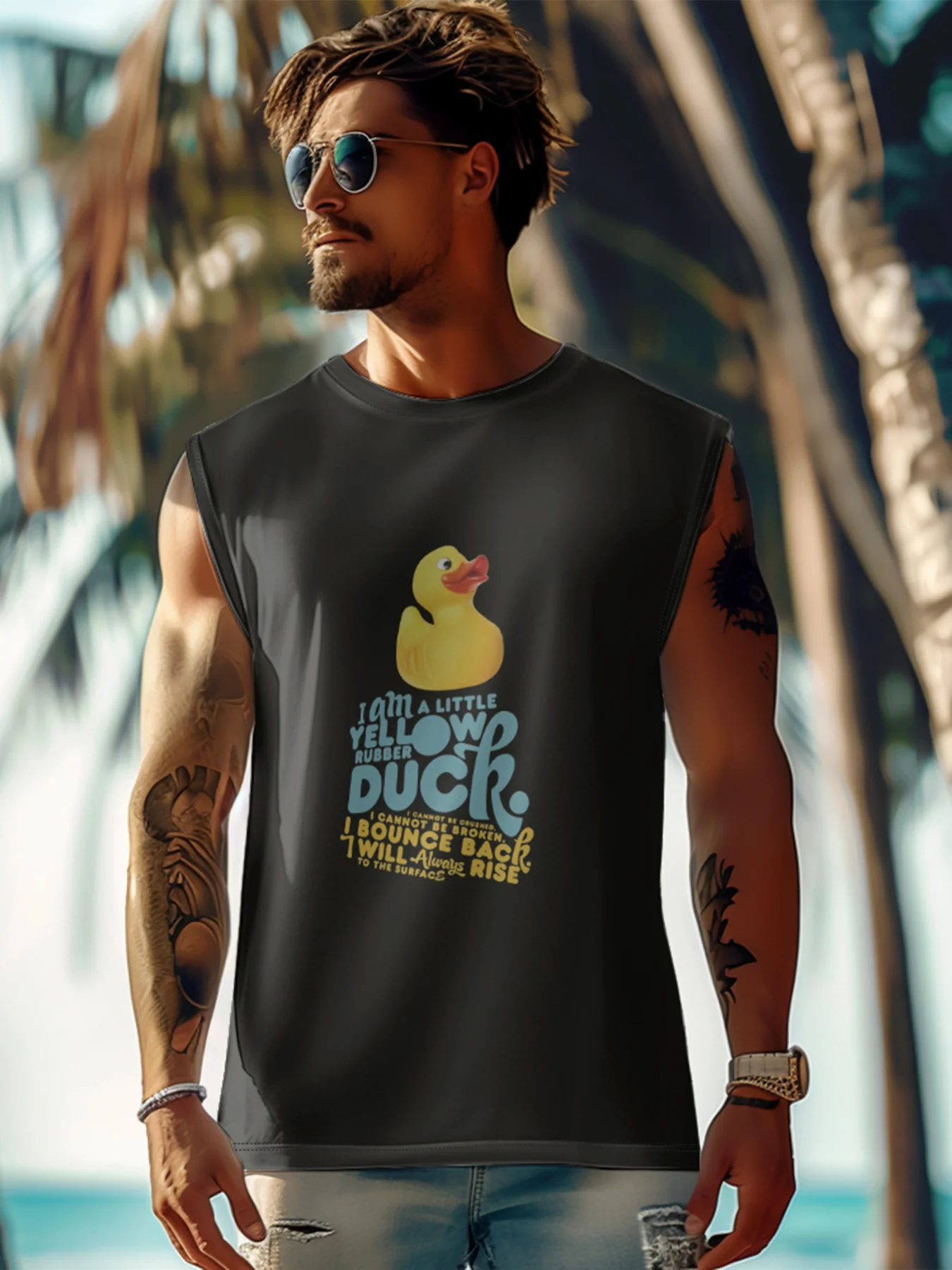 Mens Crewneck Tank Tops Yellow Duck Beach Sleeveless Shirt