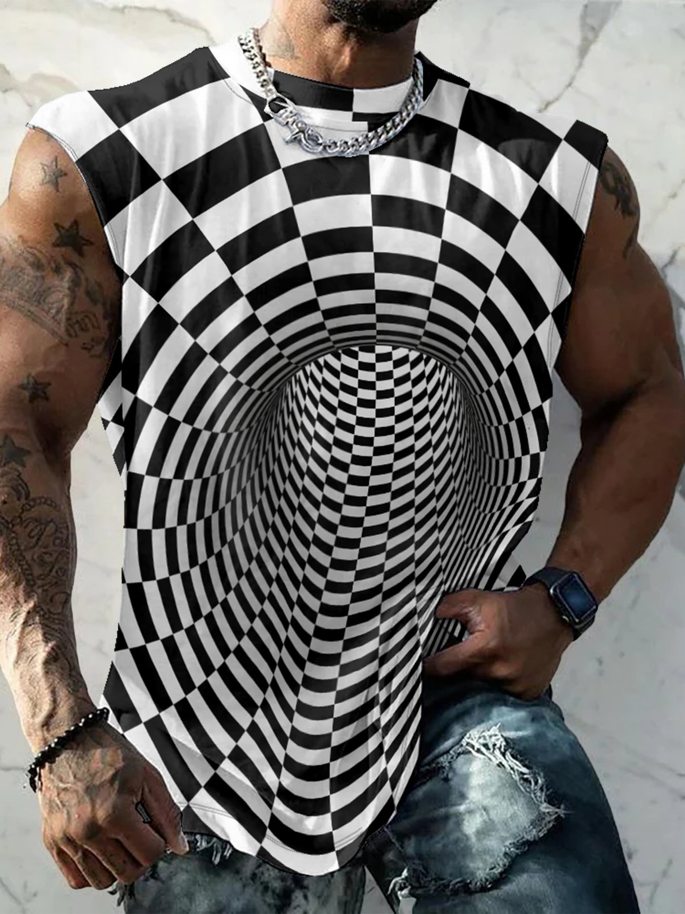 Mens Crewneck Tank Tops Cross 3D Abstract Grid Beach Sleeveless Shirt