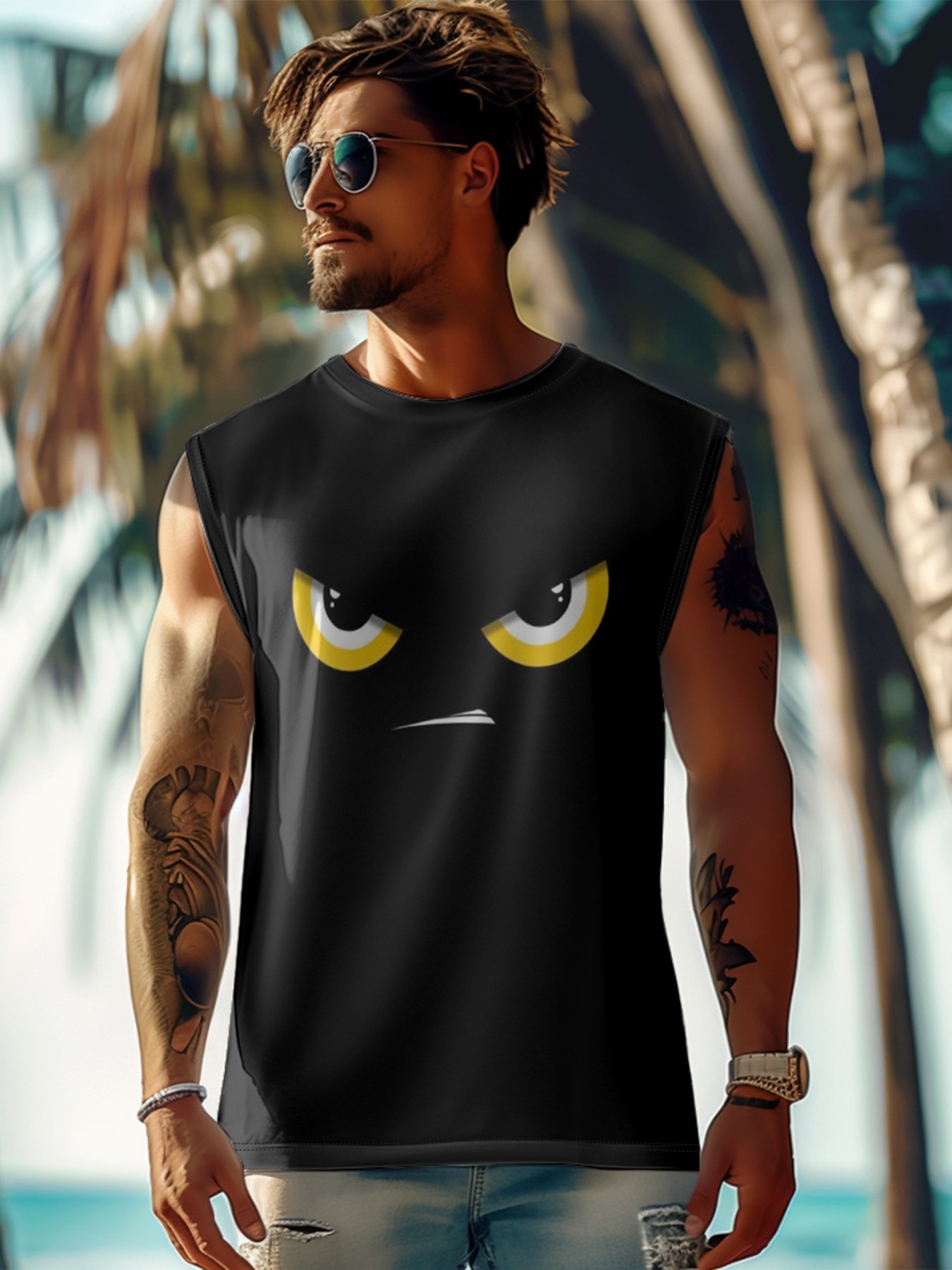 Mens Crewneck Tank Tops Little Devil Expression Beach Sleeveless Shirt