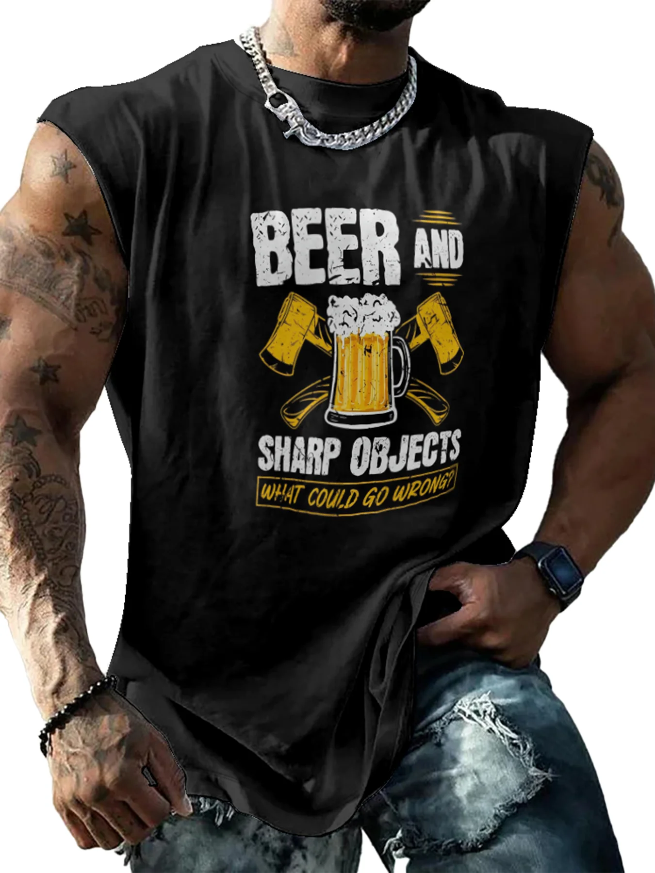 Mens Crewneck Tank Tops Beer Sharp Object Beach Sleeveless Shirt