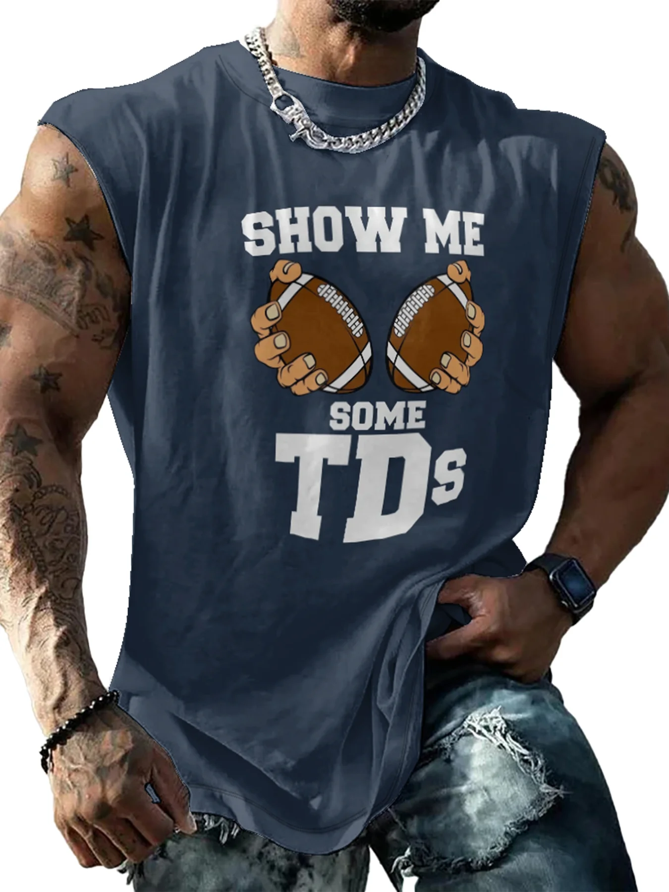 Mens Crewneck Tank Tops American Football Show Me Some TDs Beach Sleeveless Shirt