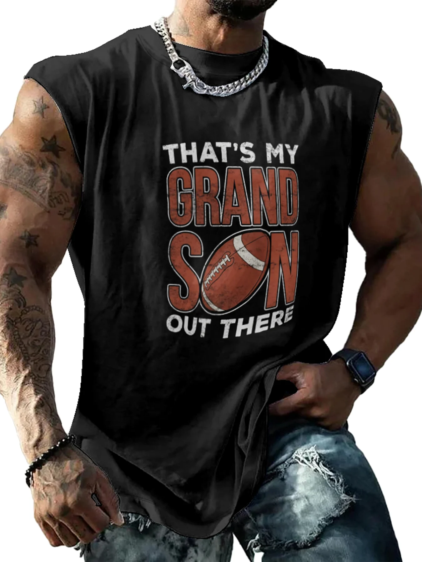 Mens Crewneck Tank Tops American Football Grandson Out There Beach Sleeveless Shirt