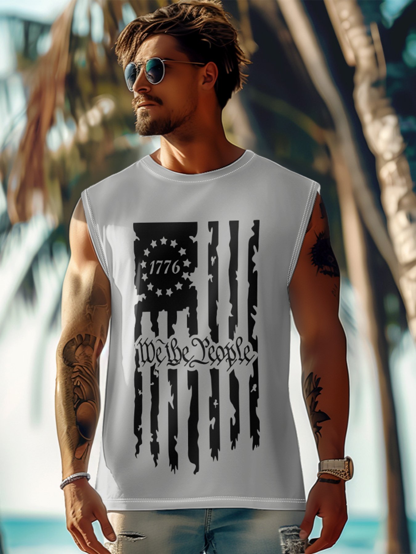 Mens Crewneck Tank Tops 1776 We the People Beach Sleeveless Shirt