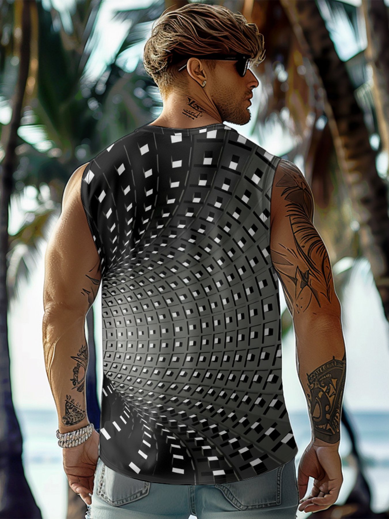 Mens Crewneck Tank Tops 3D Abstract Beach Sleeveless Shirt