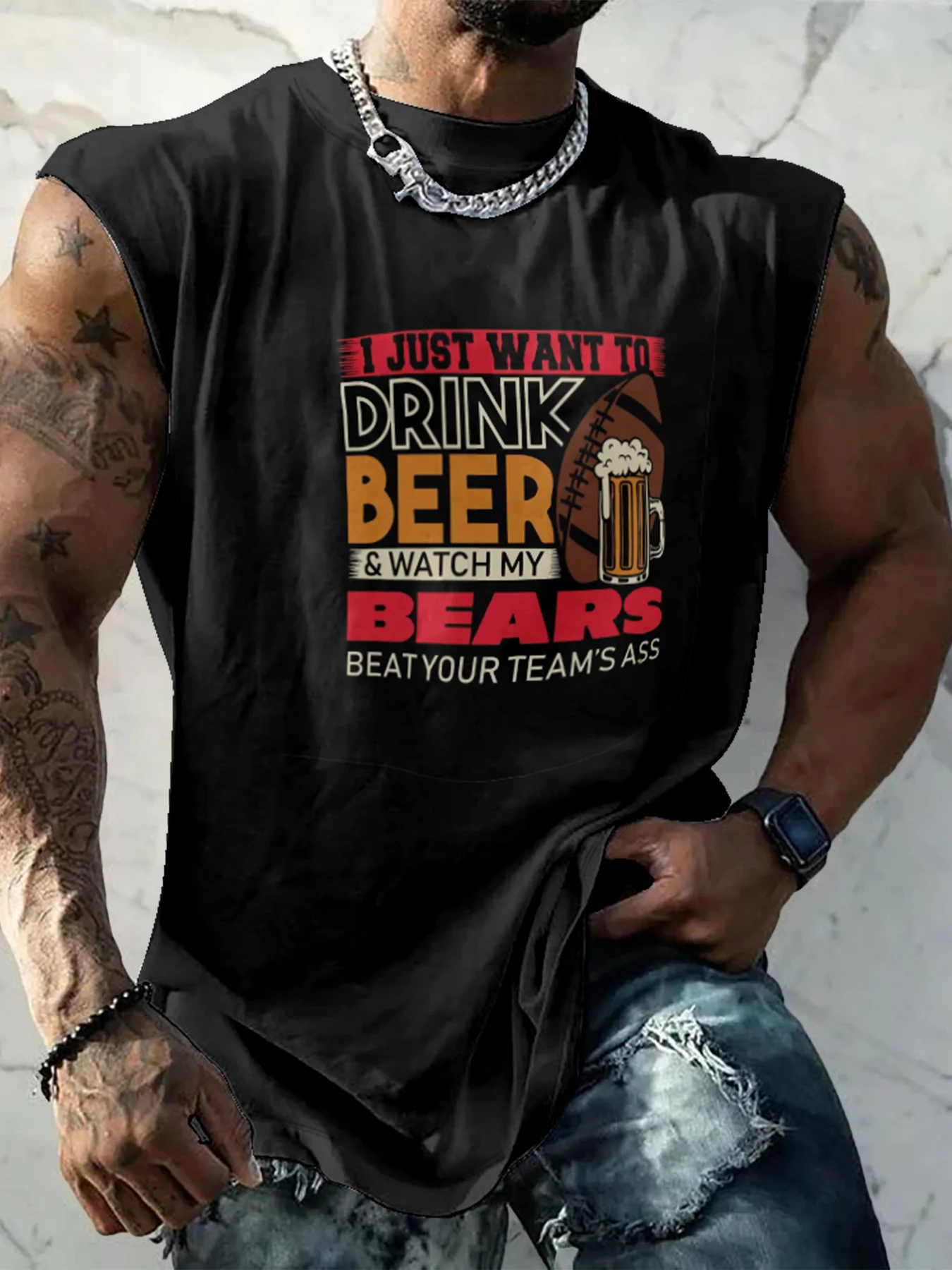 Mens Crewneck Tank Tops American Football Beer Beach Sleeveless Shirt