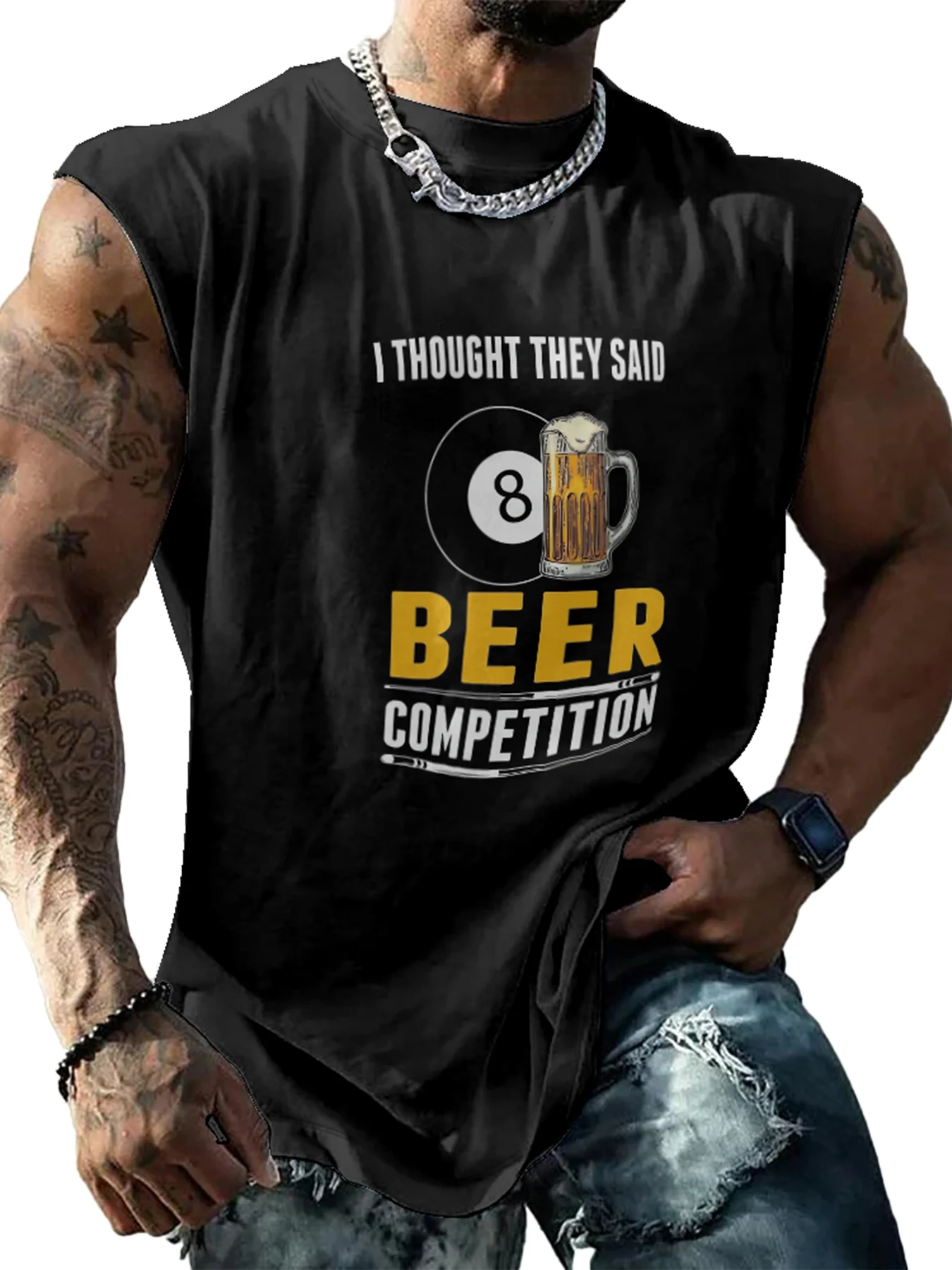 Mens Crewneck Tank Tops Beer Billiards Beach Sleeveless Shirt