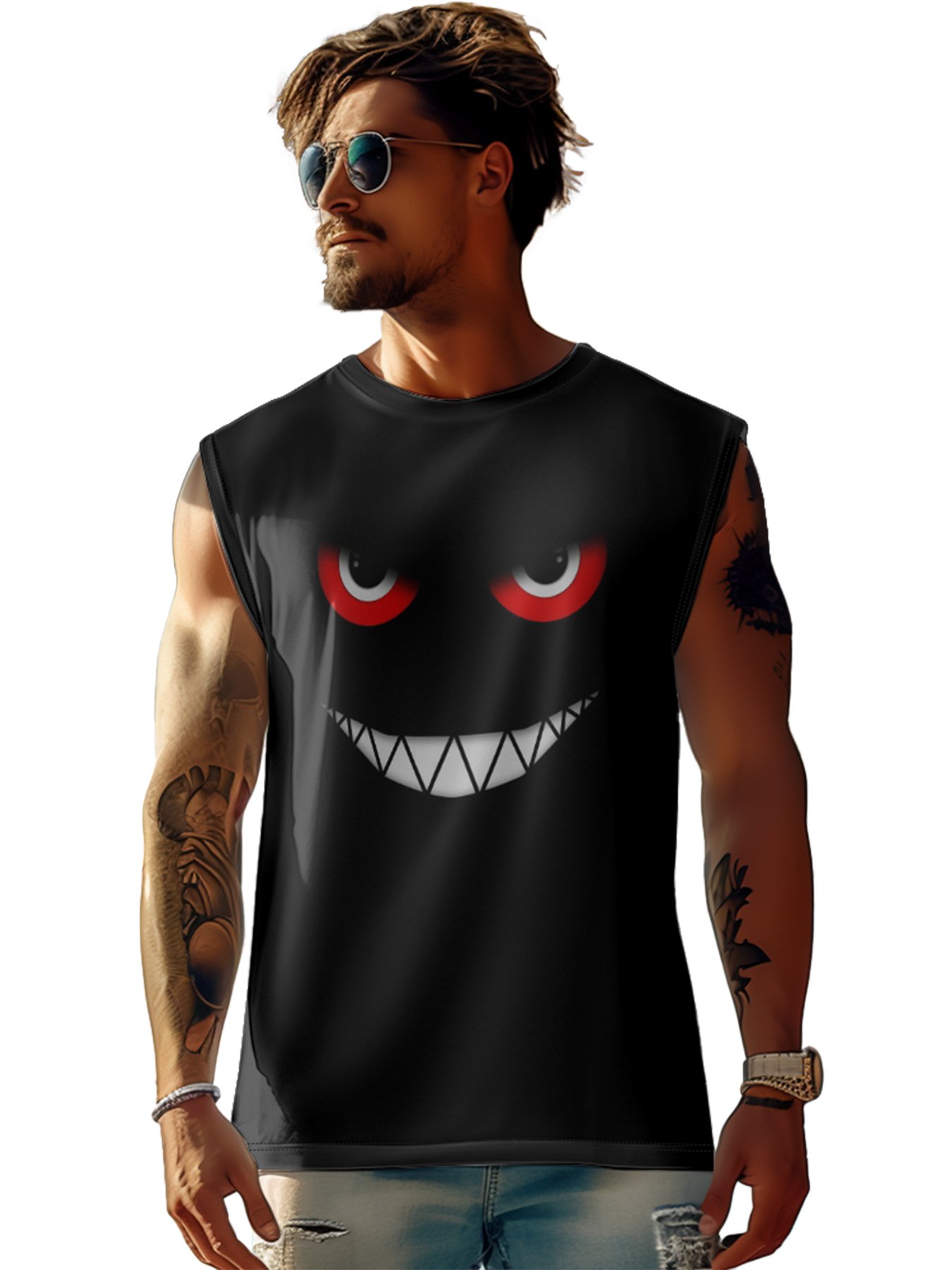 Mens Crewneck Tank Tops Evil smile Face Beach Sleeveless Shirt