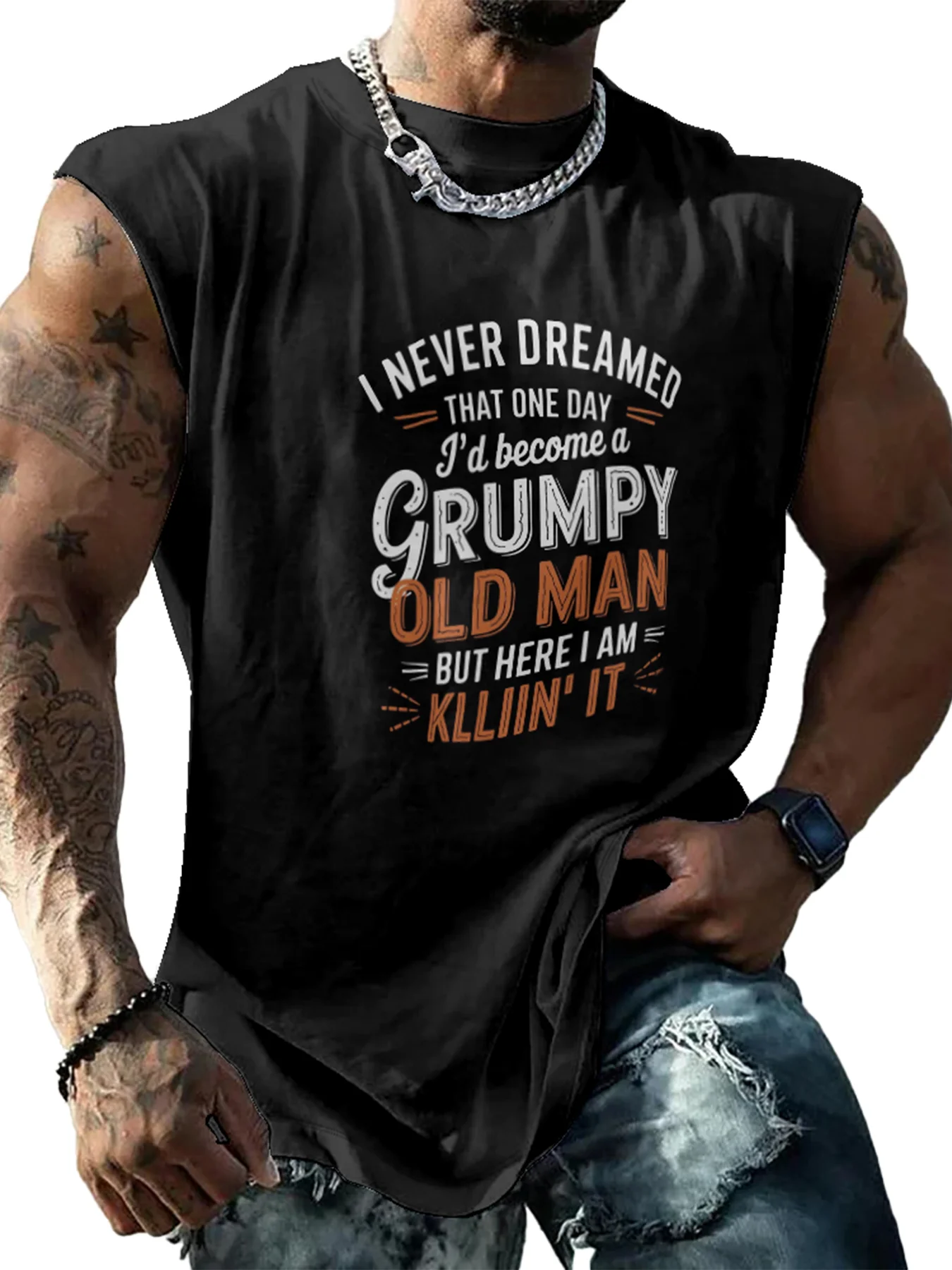 Mens Crewneck Tank Tops Grumpy Old Man Beach Sleeveless Shirt