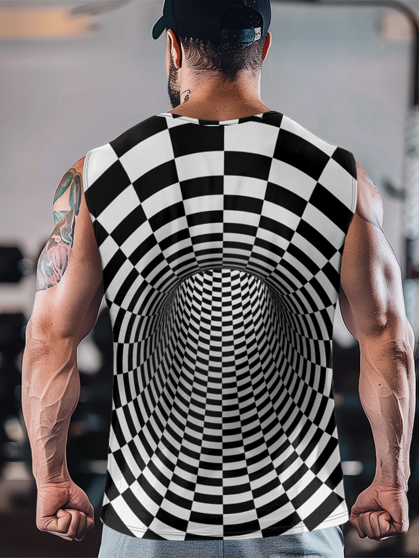 Mens Crewneck Tank Tops Cross 3D Abstract Grid Beach Sleeveless Shirt